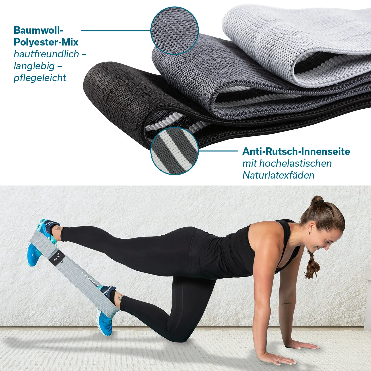 Bilder von widerstandsfähigen, elastischen Fitnessbändern in verschiedenen Farben, eine Person führt eine Übung durch.