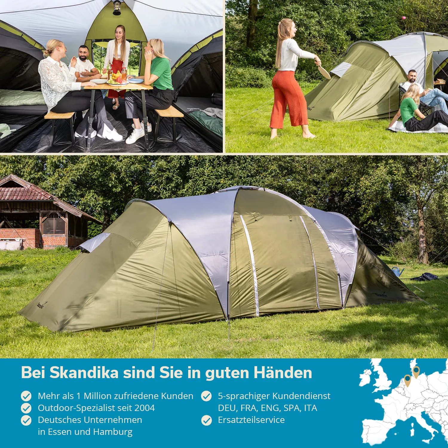Zelt im Freien mit zwei Teilansichten: Innenraum mit Personen an einem Tisch und Zeltansicht auf einer Wiese.