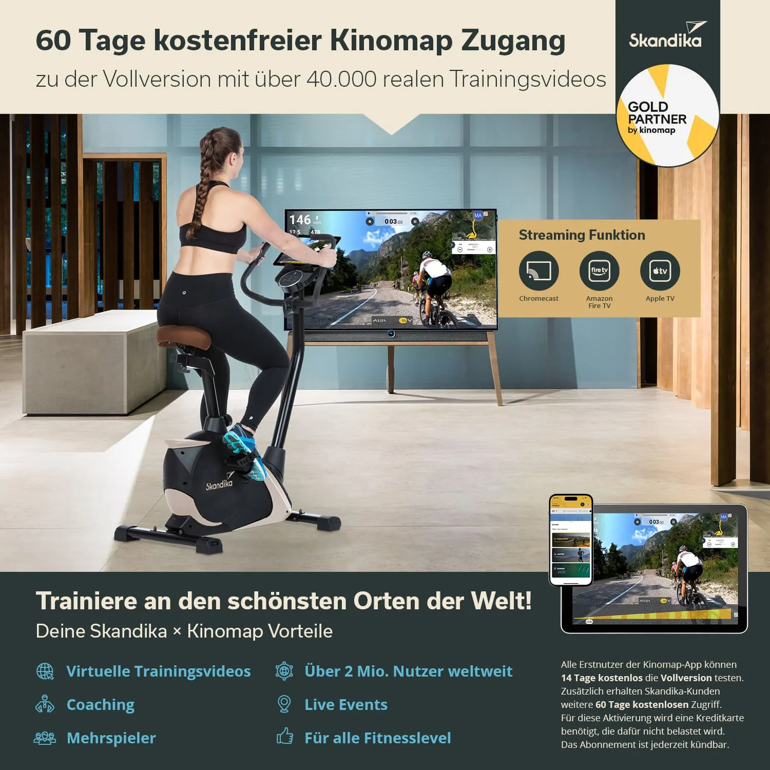 Eine Person trainiert auf einem Heimtrainer vor einem großen Fernseher, auf dem ein Trainingsvideo abgespielt wird. Der Raum hat helles, modernes Design mit Holz- und Steinoberflächen.
