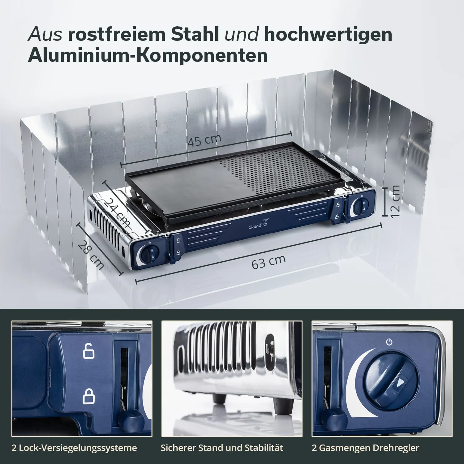 Grillgerät aus rostfreiem Stahl mit Aluminium-Komponenten, mit Maßangaben. Zusätzlich zwei Detailansichten von Sicherheitsfunktionen.