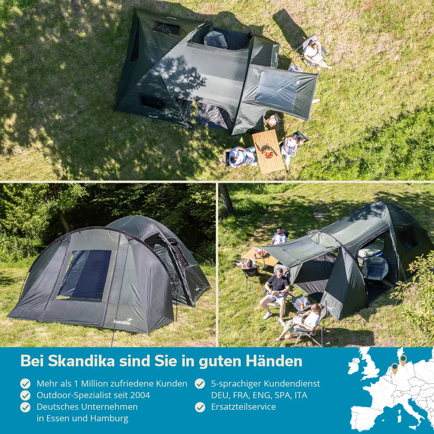 Zelt in grüner Farbe auf einer Wiese, umgeben von Bäumen. Personen sitzen am Tisch und entspannen.