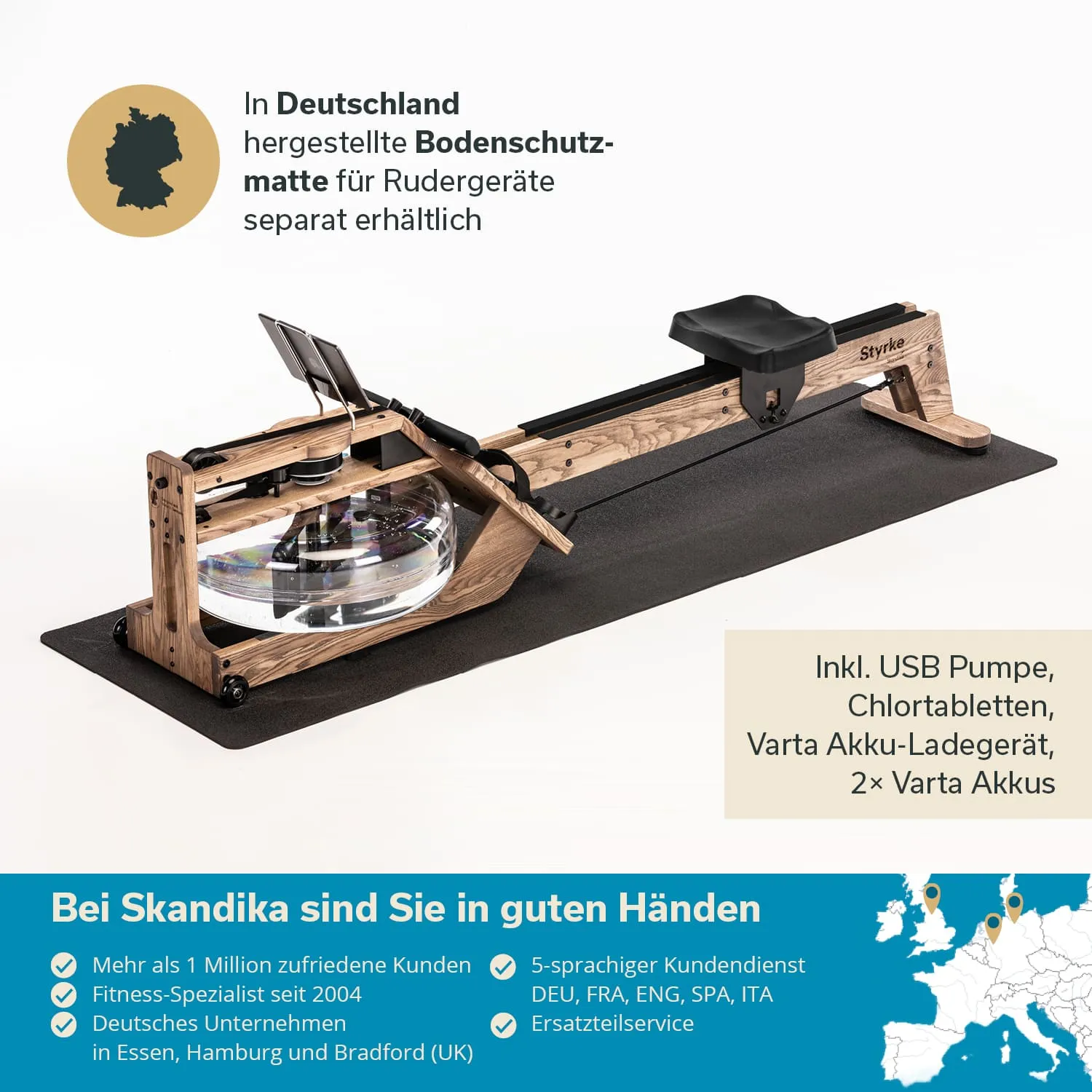 Rudergerät aus Holz auf einer Bodenschutzmatte, mit transparentem Wassertank, Anzeige-Elementen und technischen Details.