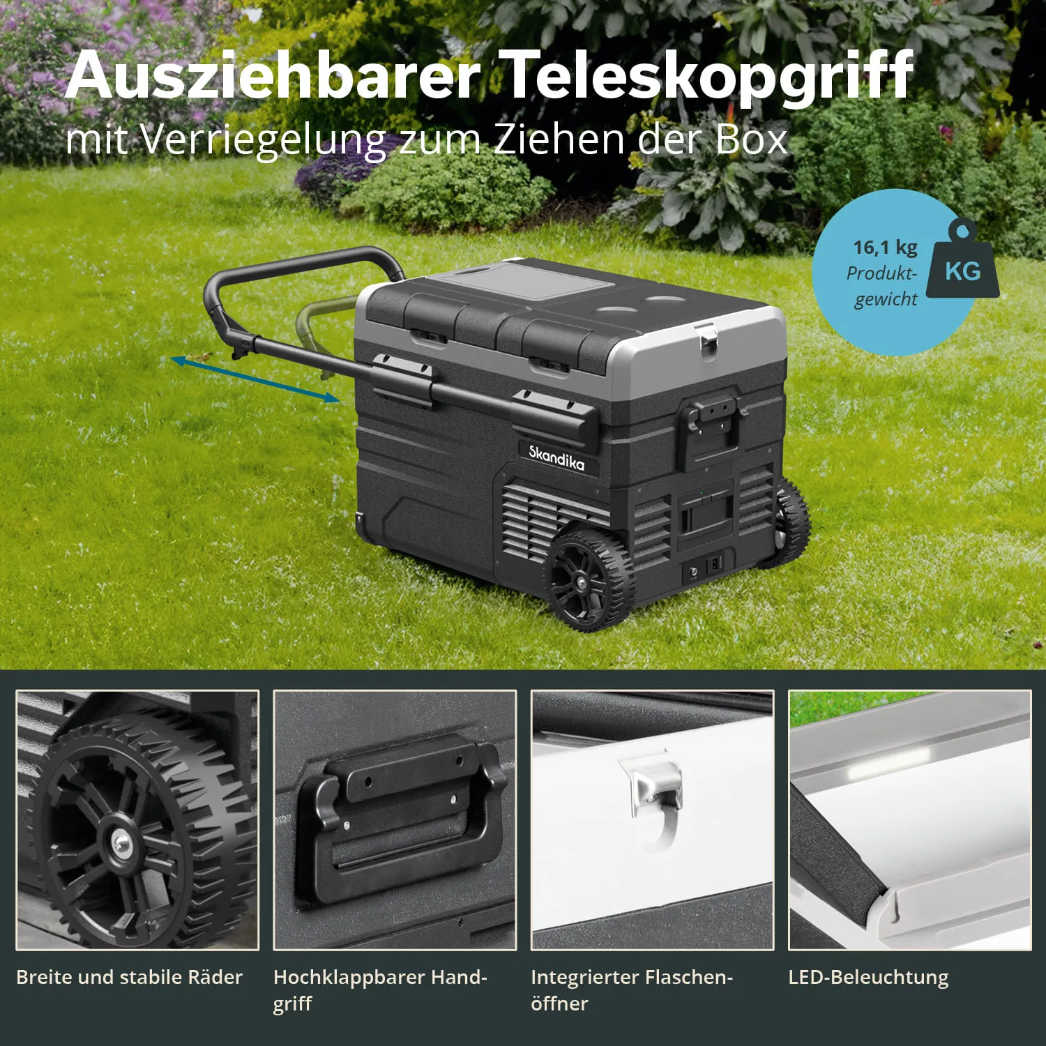 Rollybox mit ausziehbarem Teleskopgriff auf grünem Rasen. Produkteigenschaften und Details sind in vier Kästchen dargestellt.