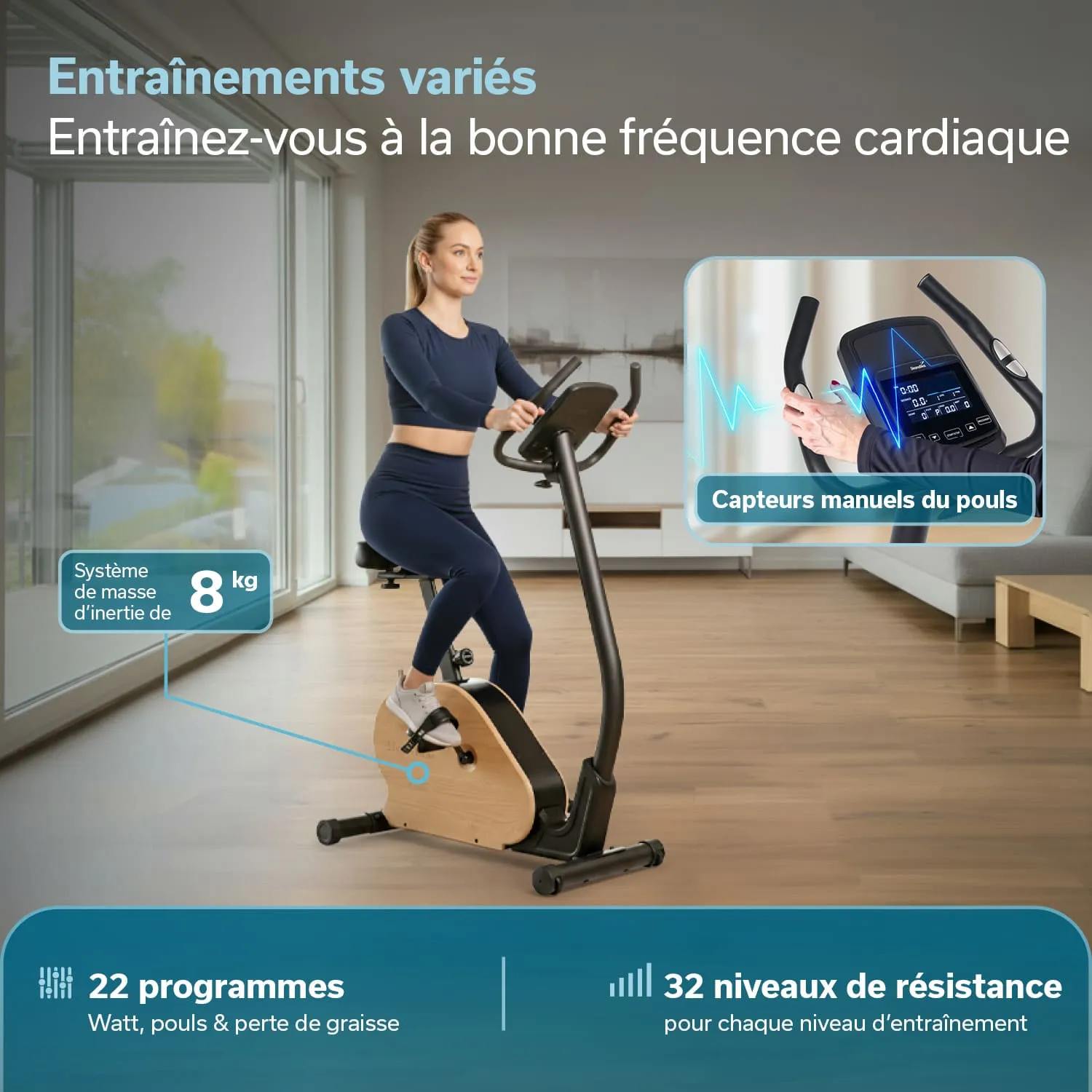 Eine Person trainiert auf einem Heimtrainer in einem modernen Raum mit großen Fenstern. Der Trainer hat ein Holzdesign und zeigt verschiedene Trainingsfunktionen.