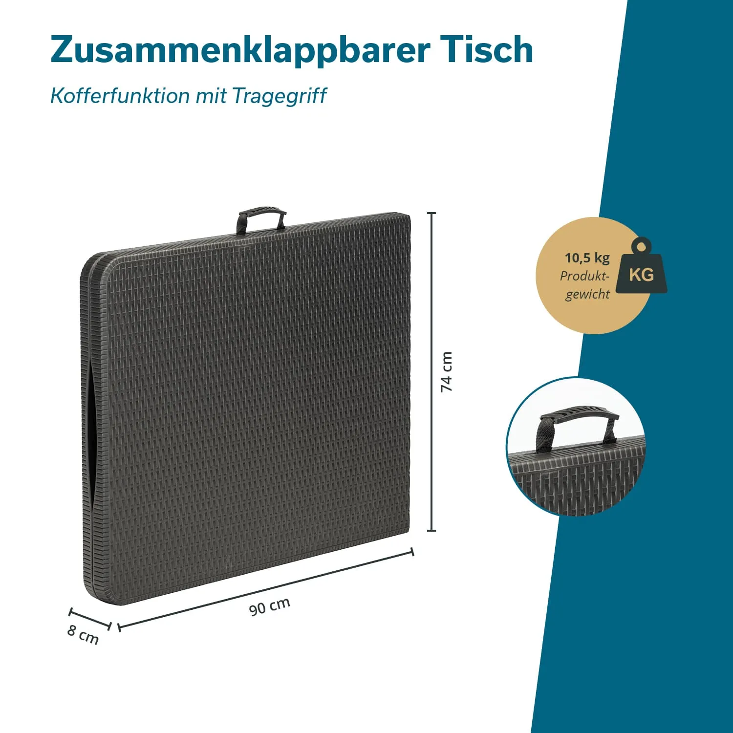 Zusammenklappbarer Tisch in einer kompakten, tragbaren Form. Maße: 90 cm x 74 cm x 8 cm, Gewicht 10,5 kg.