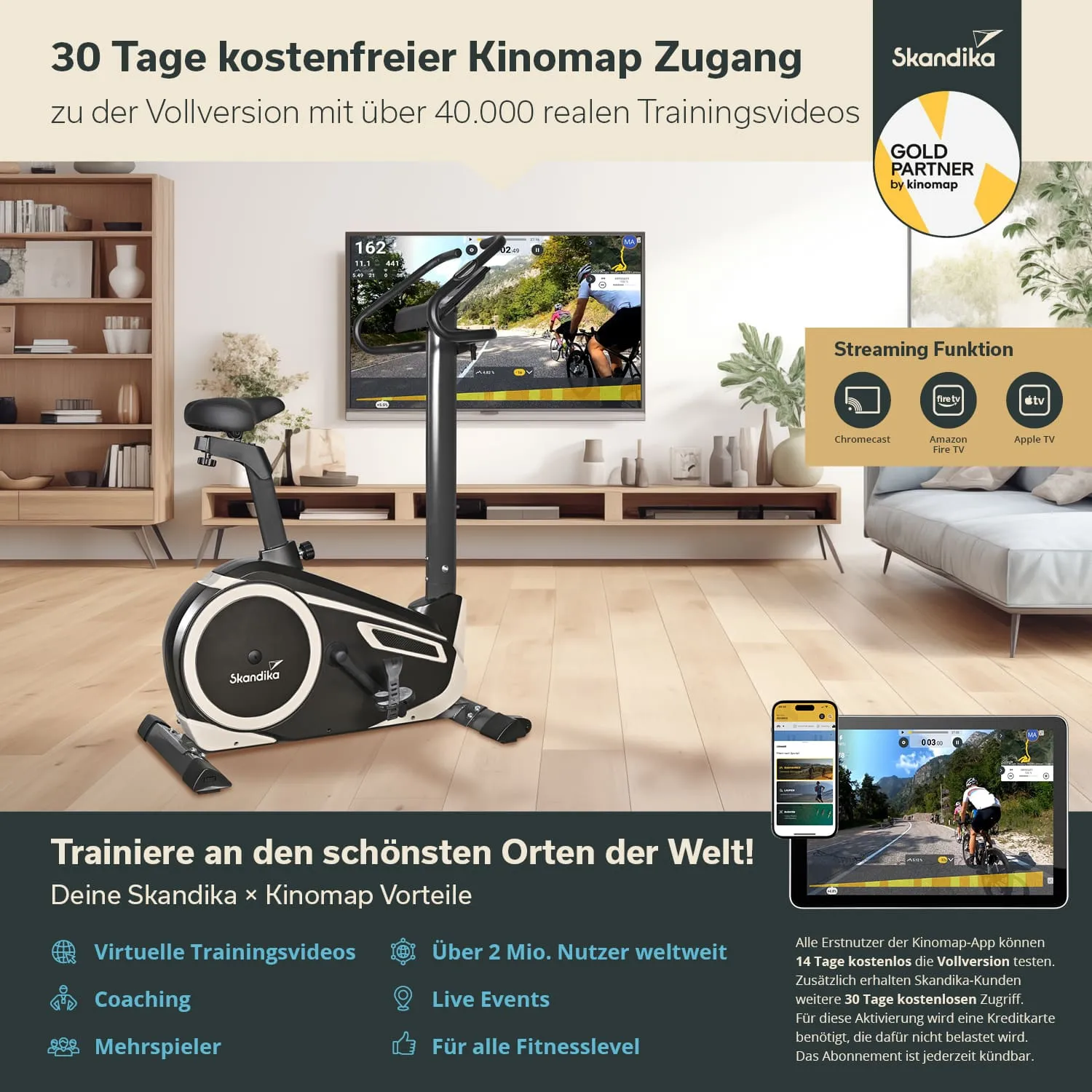 Ein Heimtrainer steht auf einem Holzfußboden. Im Hintergrund befindet sich ein Fernseher, der Trainingsvideos zeigt. Rechts sind Informationen über Kinomap und Vorteile abgebildet, mit Icons für Streaming-Funktionen.