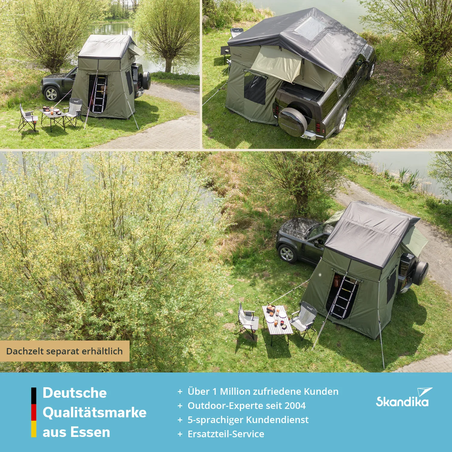 Dachzelt auf einem Fahrzeug, umgeben von Bäumen und Wasser. Gartenmöbel mit Snacks stehen daneben.