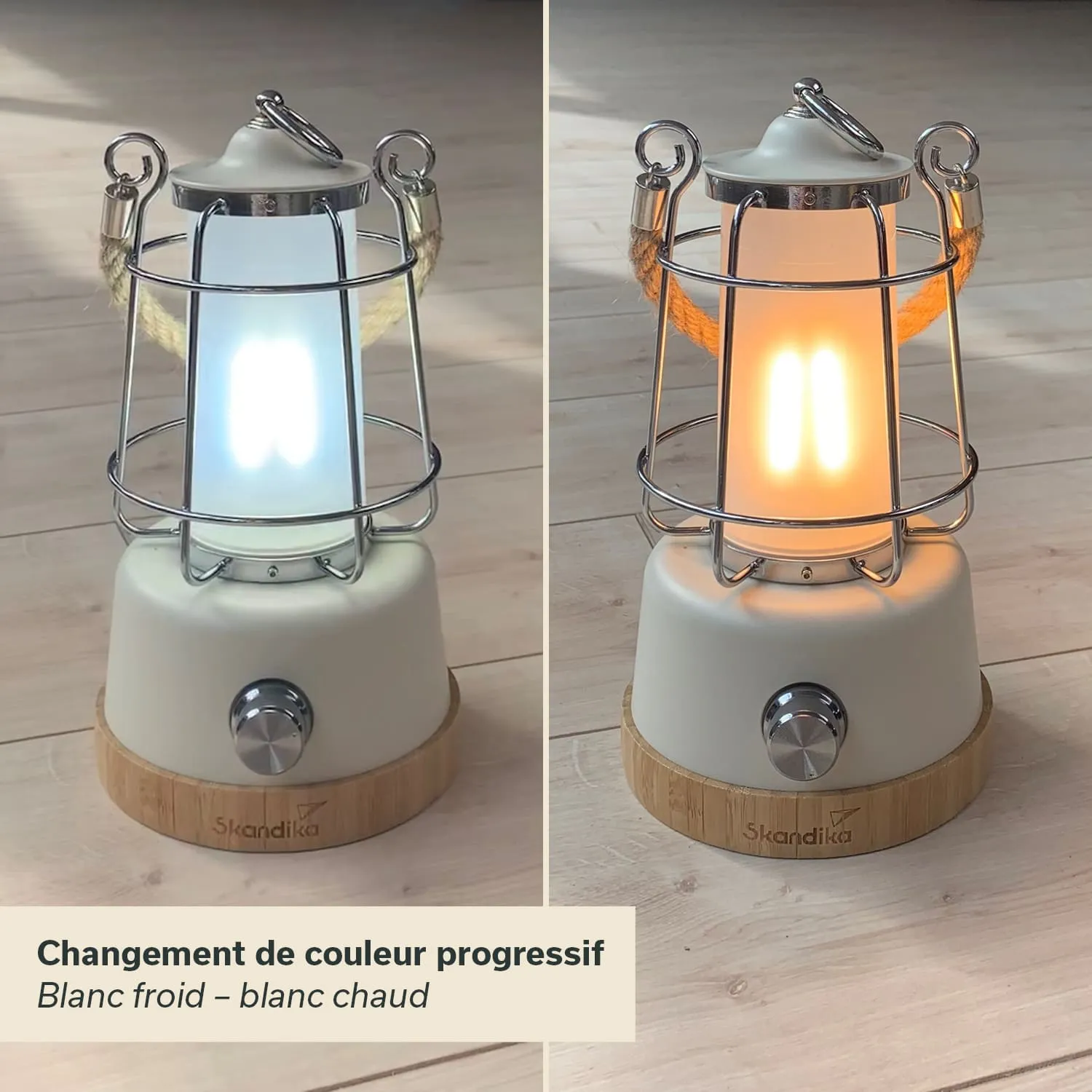 Eine Lampe mit einem Glaszylinder in einem Metallgitter, auf einem weißen und holzfarbigen Sockel. Links kühles Licht, rechts warmes Licht.