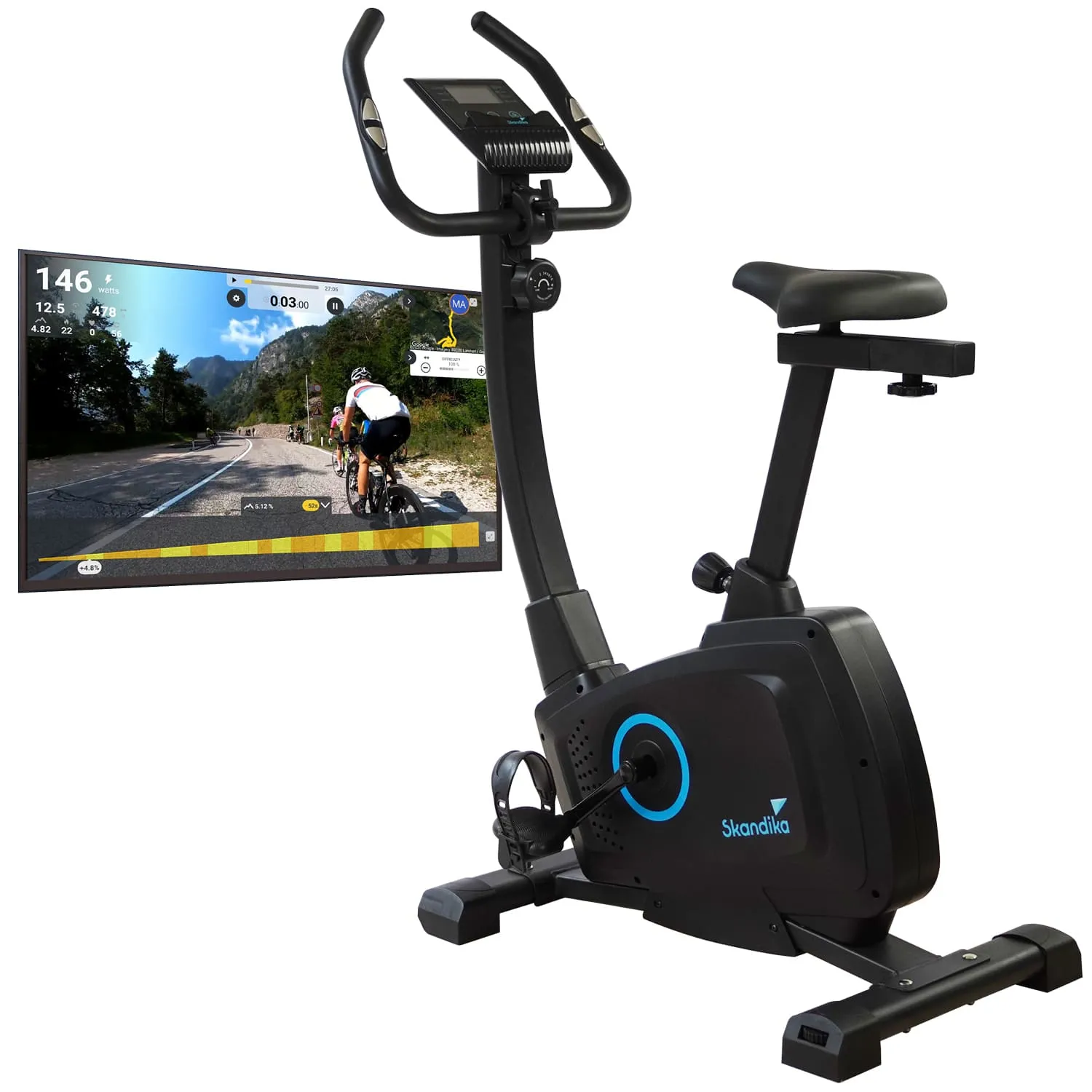 Ergometer mit digitalem Bildschirm, der eine Radfahr-Trainingsstrecke zeigt, und verstellbarem Sattel.