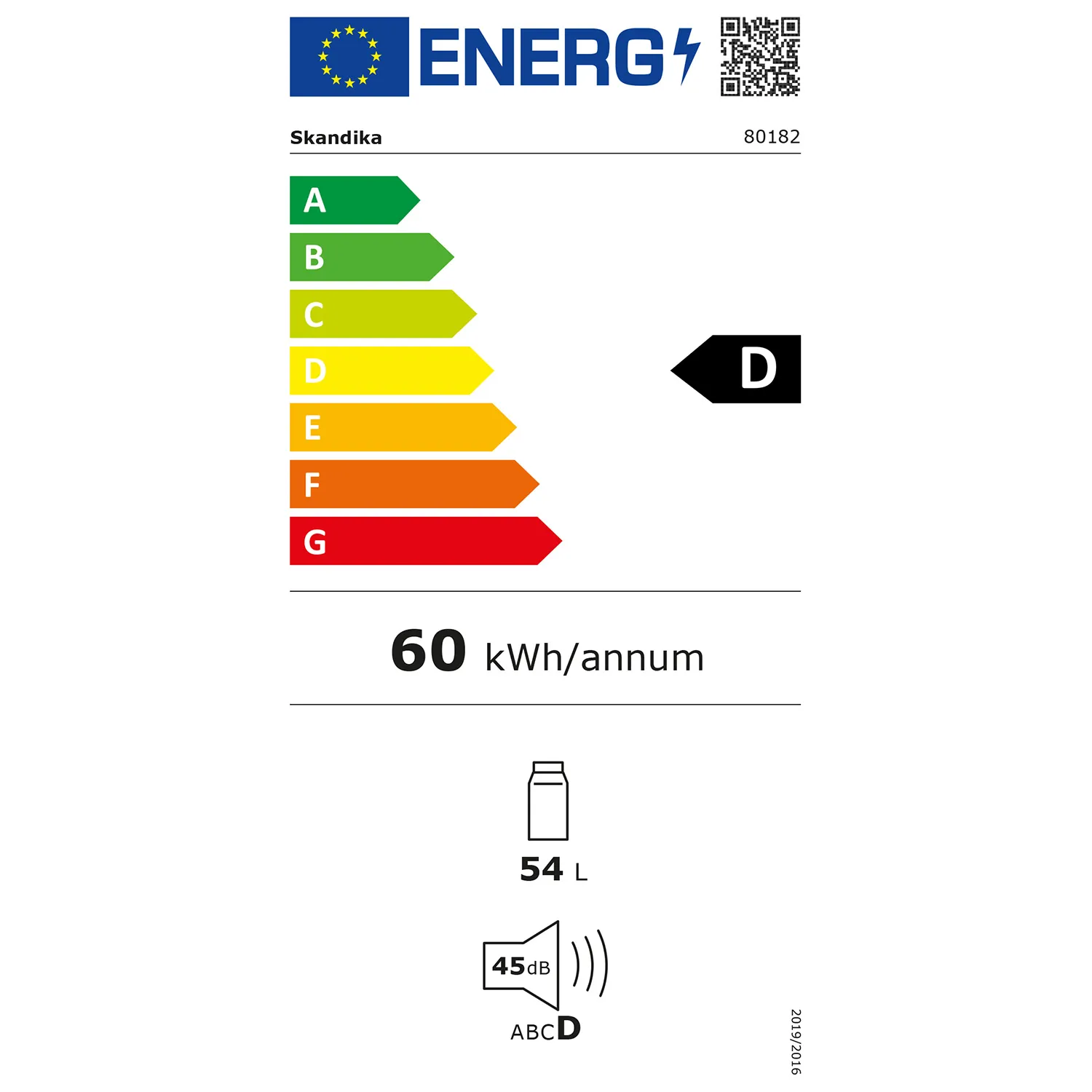 Energielabel mit Klassifizierung D, Jahresverbrauch 60 kWh, 54 L Volumen und Geräuschpegel 45 dB.