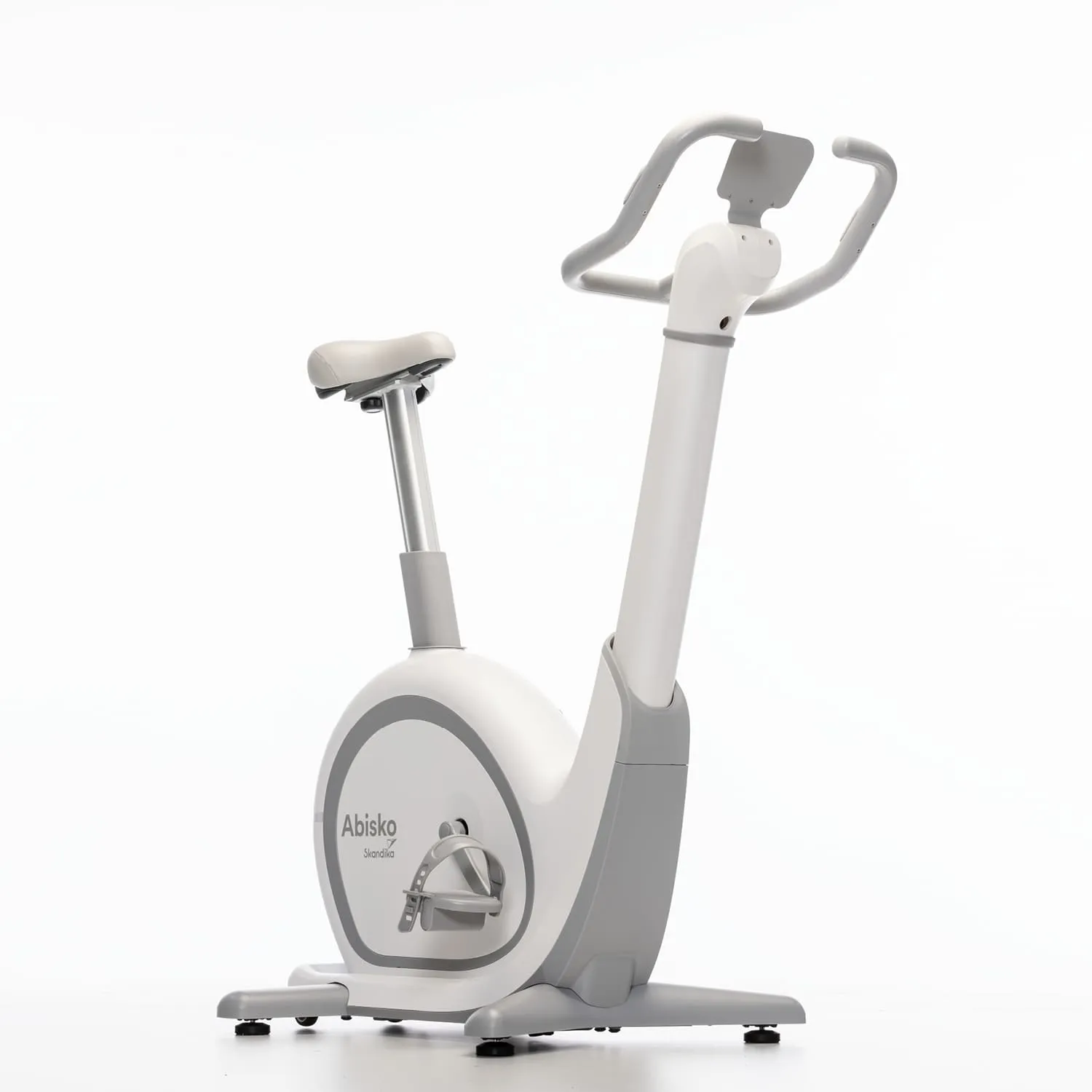 Ergometer in Weiß und Grau, mit einem geraden Lenker, einem Sattel und einem einzelnen Pedal auf einer stabilen Basis.