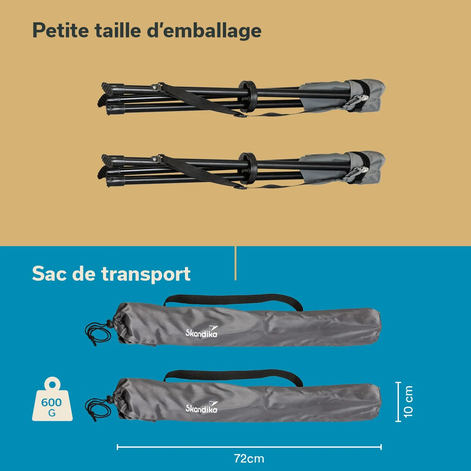 Faltbare Materialien zur Aufbewahrung, inklusive einem Tragetasche mit Maßen von 72 cm und 10 cm, Gewicht 600 g.