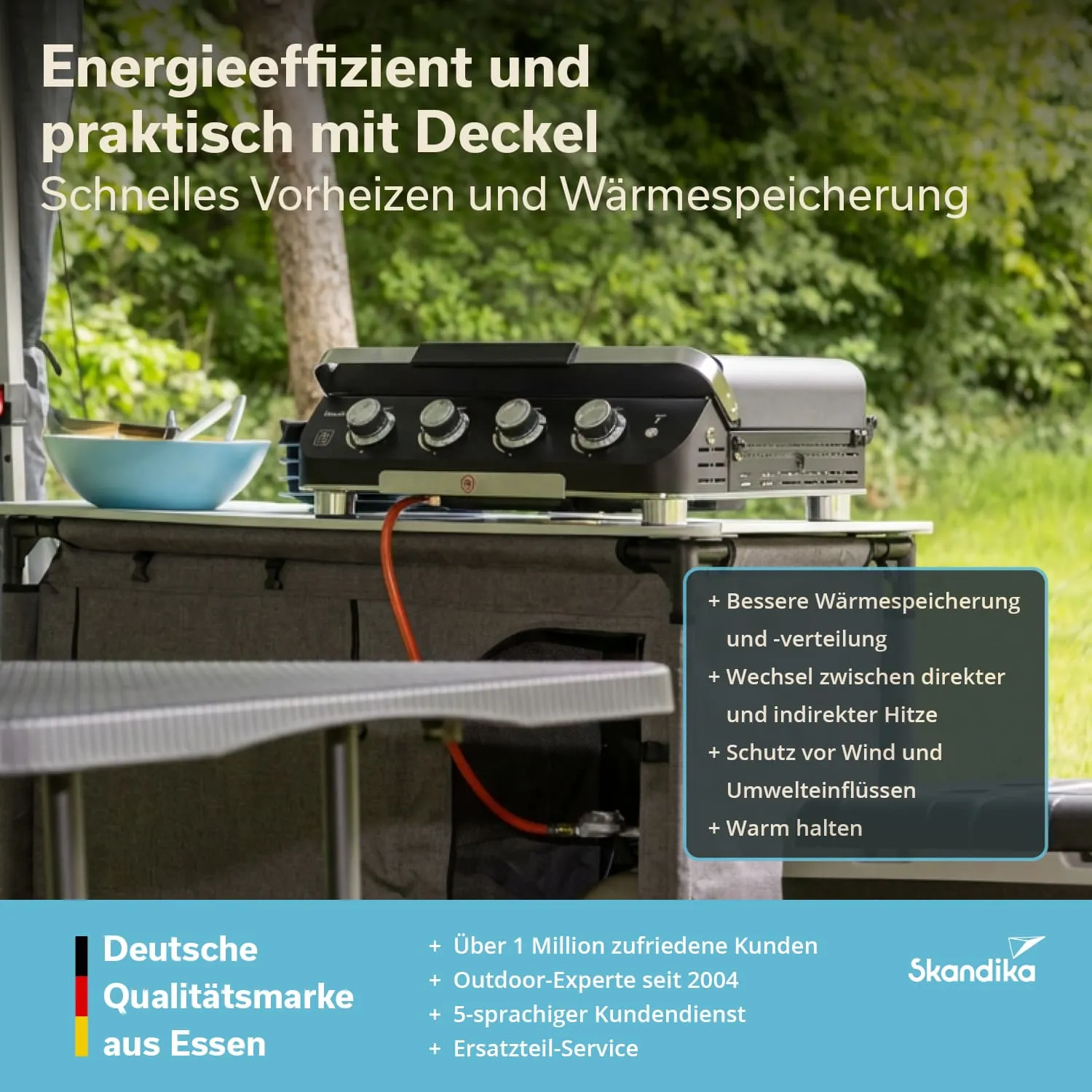 Gasgrill mit Deckel auf einem Tisch, daneben eine Schüssel, im Hintergrund Bäume. Informationen zum Produkt stehen im Vordergrund.