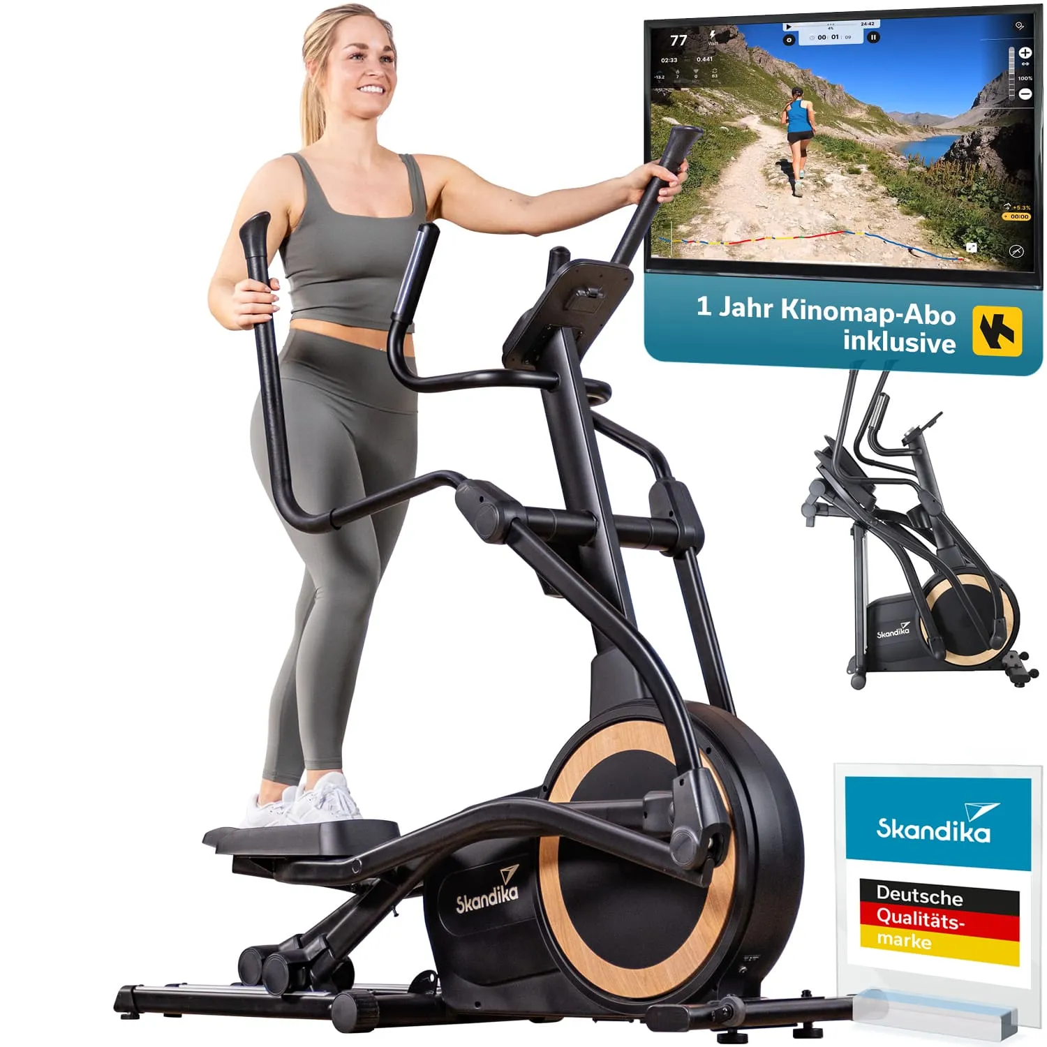 Frau auf einem Ellipsentrainer in sportlicher Kleidung, Bildschirm mit Trainingsansicht im Hintergrund, Markenlogo und Qualitätszeichen sichtbar.