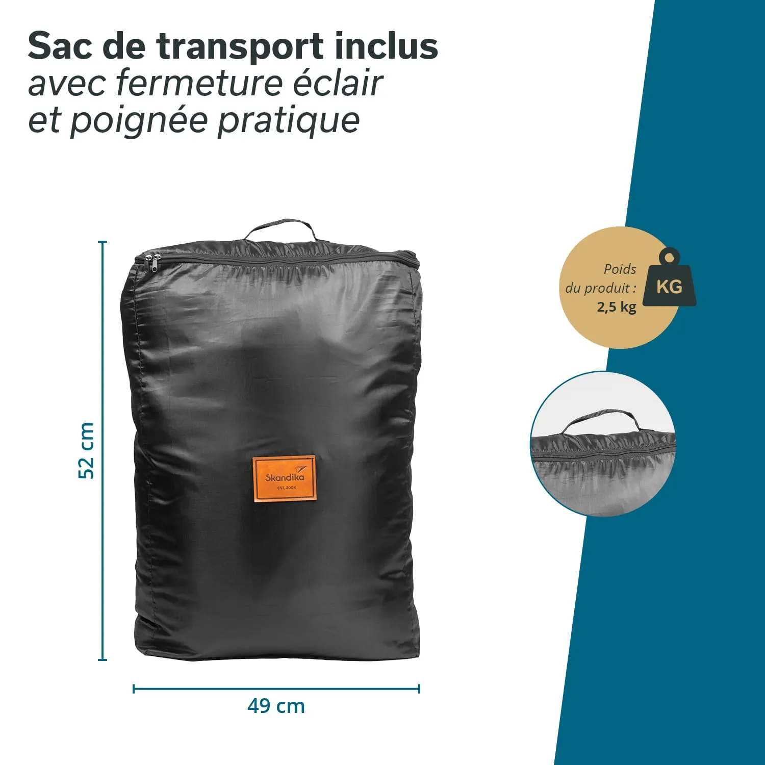 Schwarzer Transportbeutel mit Reißverschluss, Maße: 52 cm Höhe, 49 cm Breite, Gewicht: 2,5 kg. Logo von Skandika sichtbar.