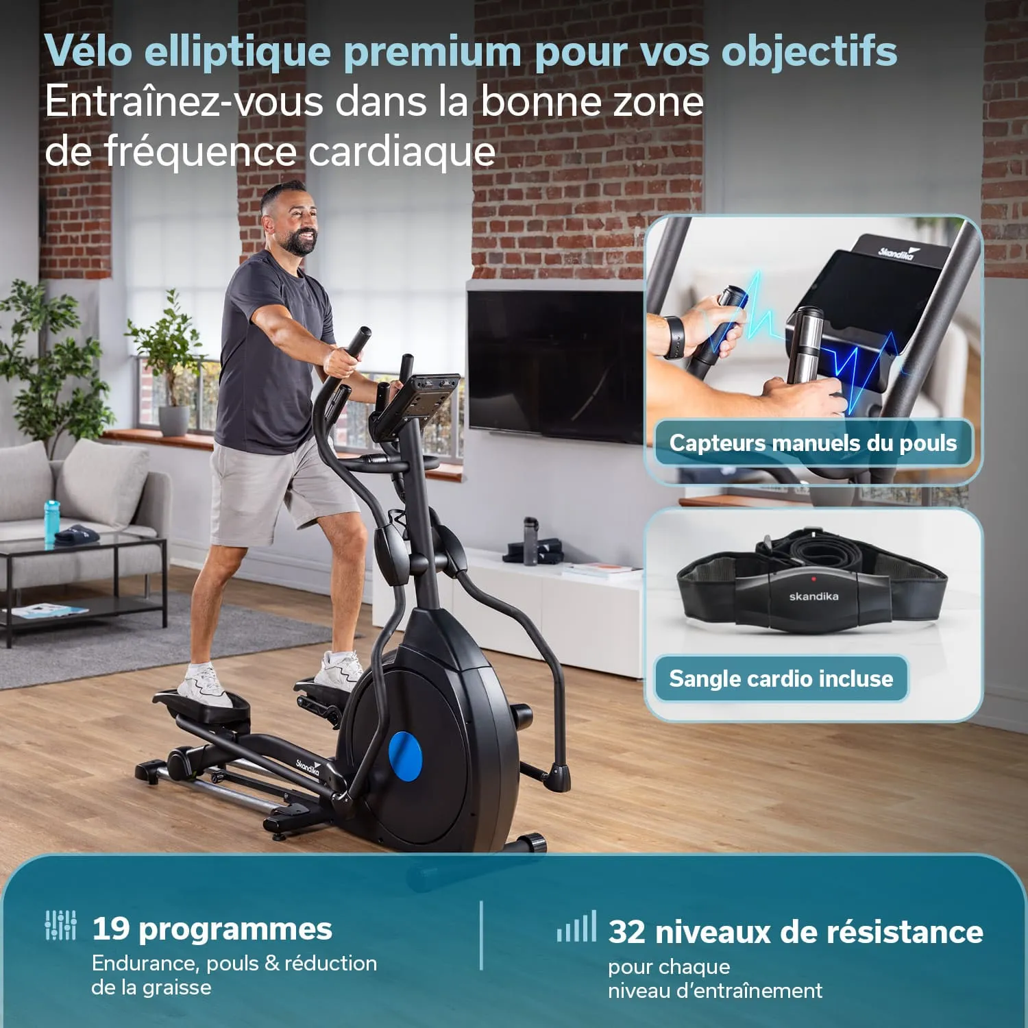Elliptisches Fitnessgerät in einem modernen Raum. Eine Person nutzt das Gerät, Zubehör und Informationen darüber sind sichtbar.