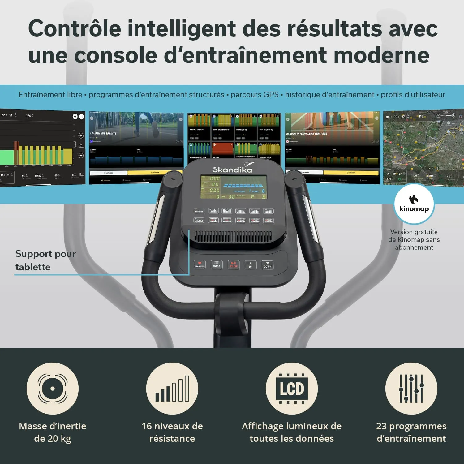 Konsolenübersicht eines Fitnessgeräts mit Bedienfeldern, Bildschirm und Tablet-Halter, umgeben von Informationsgrafiken.