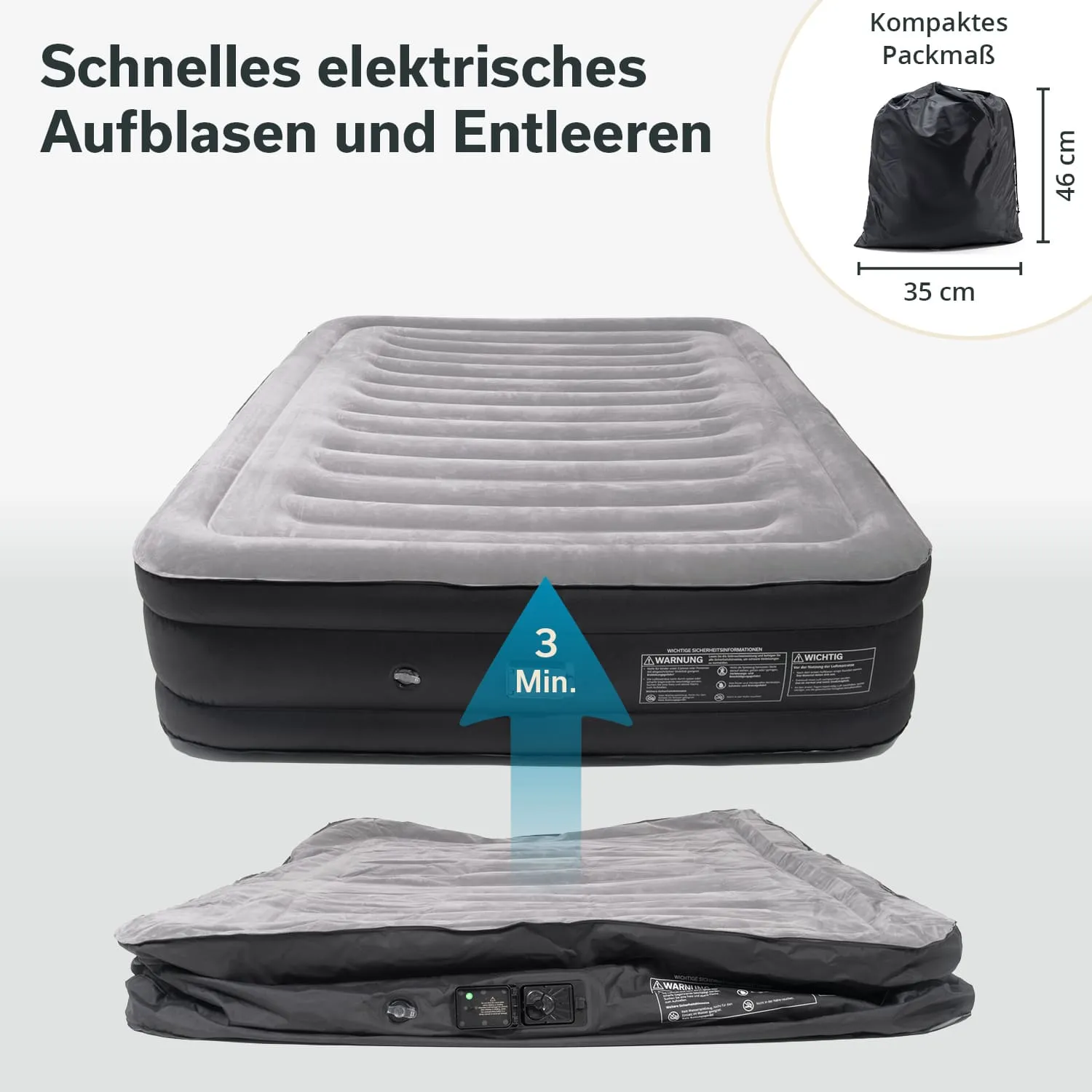Luftbett mit grauer Oberseite und schwarzem Rand, daneben zusammengefaltete Version im Sackleinen. Hinweis auf schnelles Aufblasen in 3 Minuten.