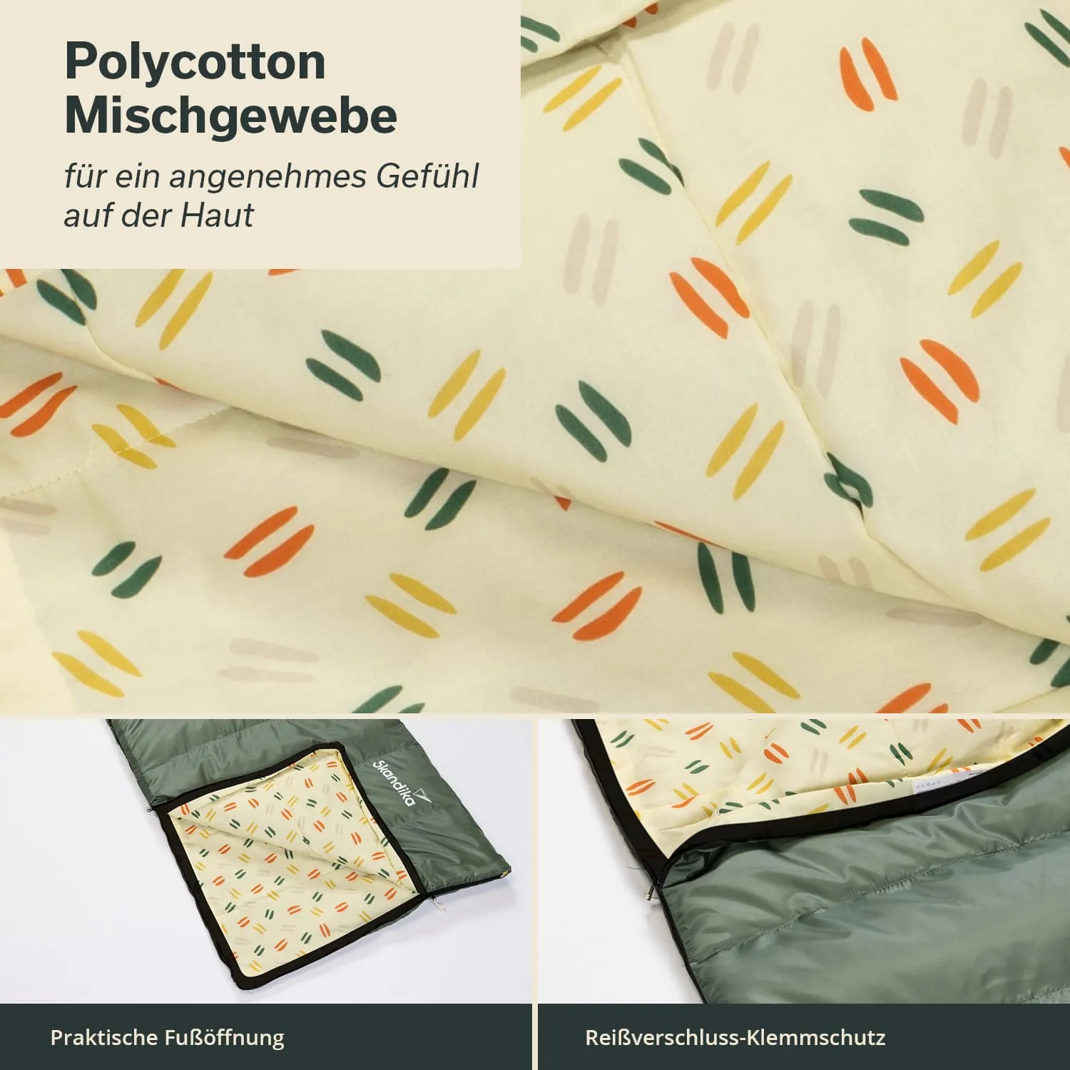 Bunte Polycotton-Mischgewebe mit abstraktem Muster auf einem hellen Hintergrund. Teile eines Schlafsacks sind sichtbar.