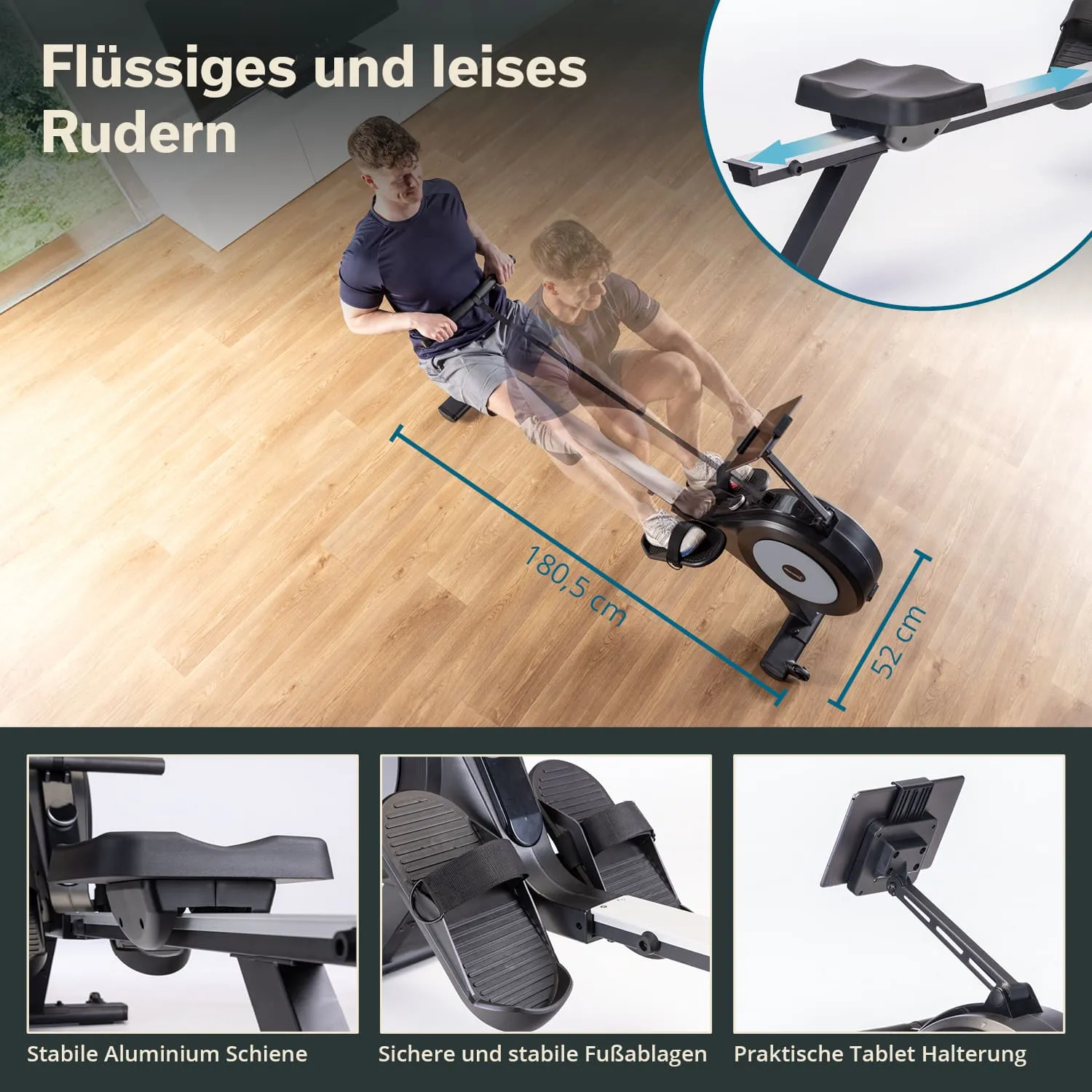 Rudergerät auf einem Holzfußboden, Person trainiert. Abgebildet sind stabile Aluminium-Schienen, Fußablagen und eine Tablet-Halterung.