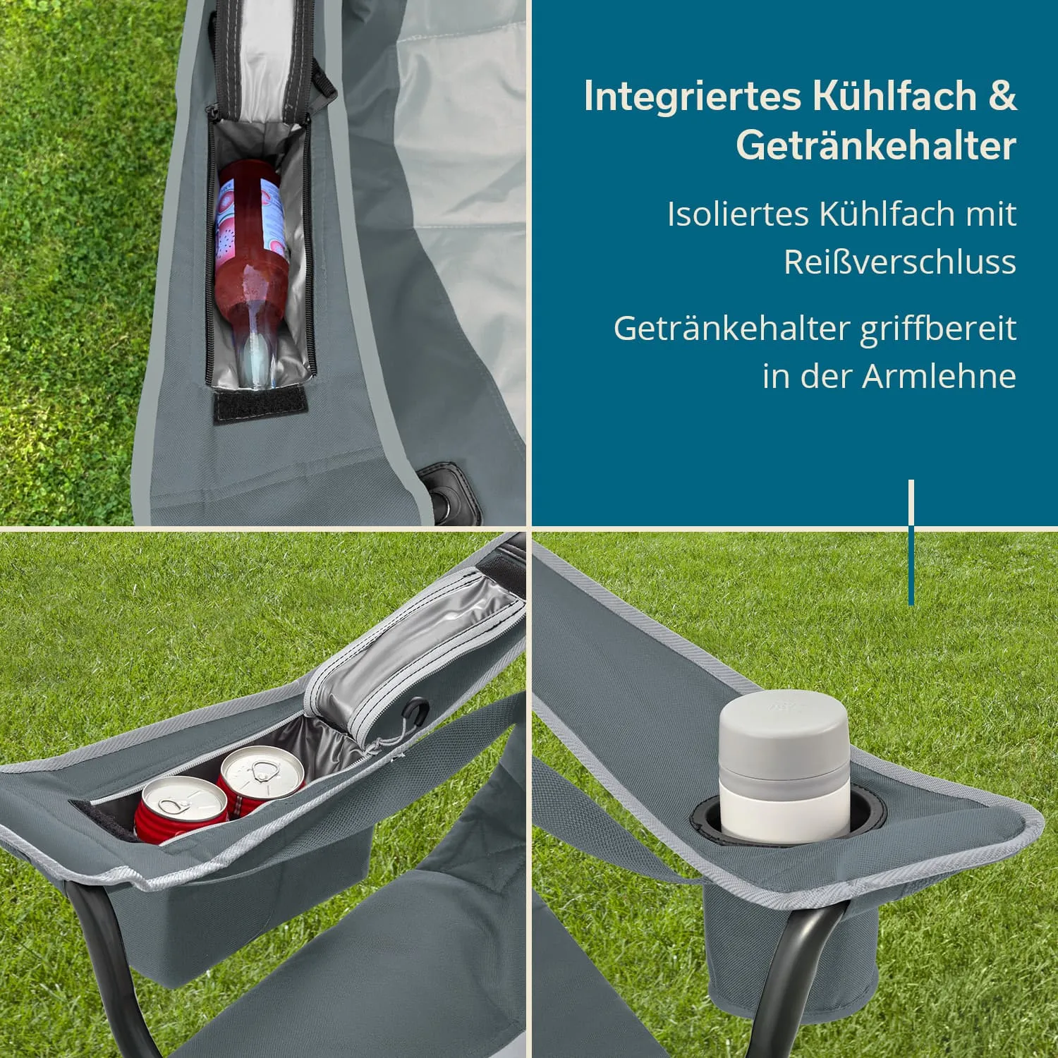Sitzgelegenheit mit grauem Stoff, integriertem Kühlfach und Getränkehaltern. Kühler mit Flasche, zwei Dosen sichtbar.