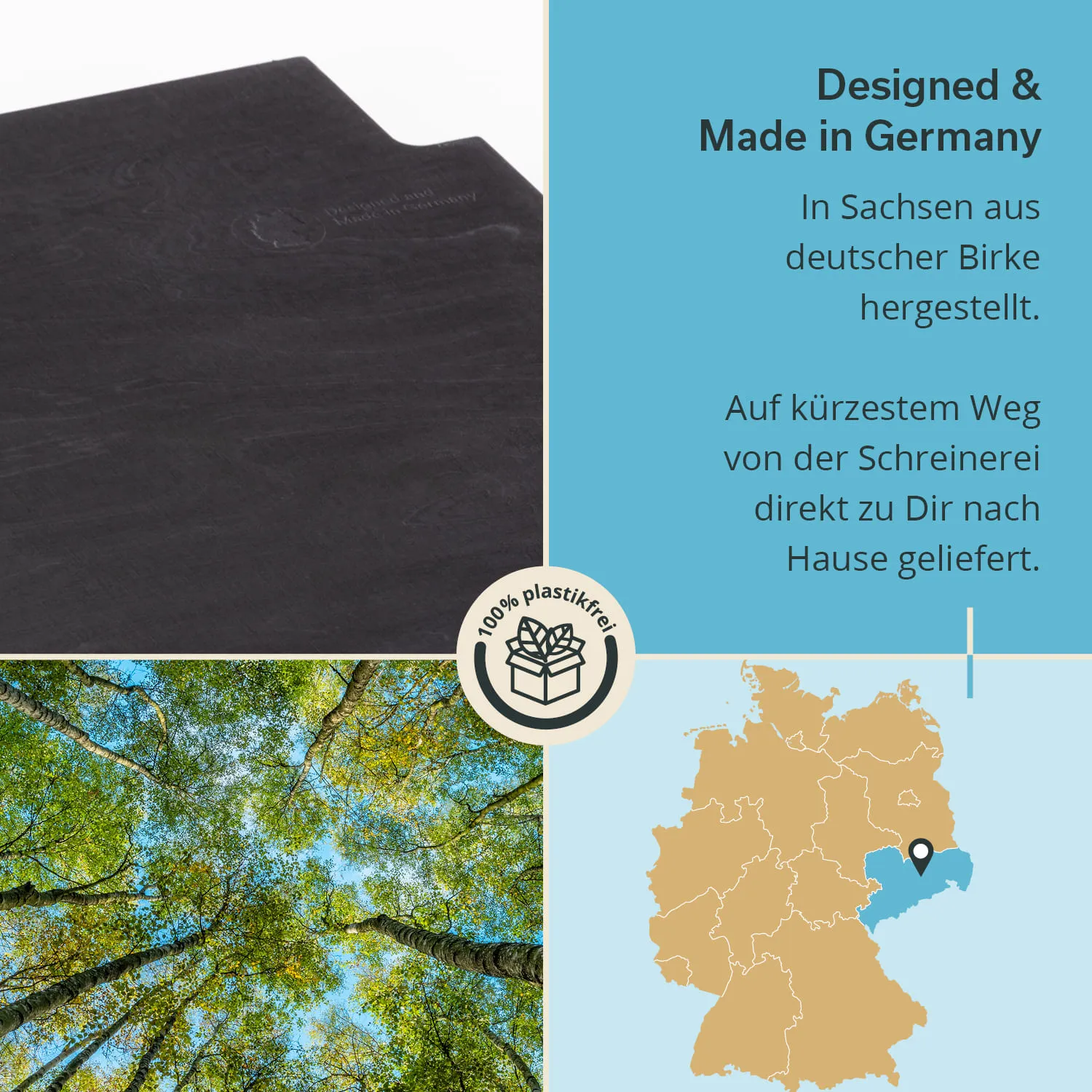 Dunkle Holzoberfläche mit Ausschnitt, umgeben von Text und einem Kartenausschnitt, der Deutschland zeigt, sowie einem Baum- und Verpackungsymbol.