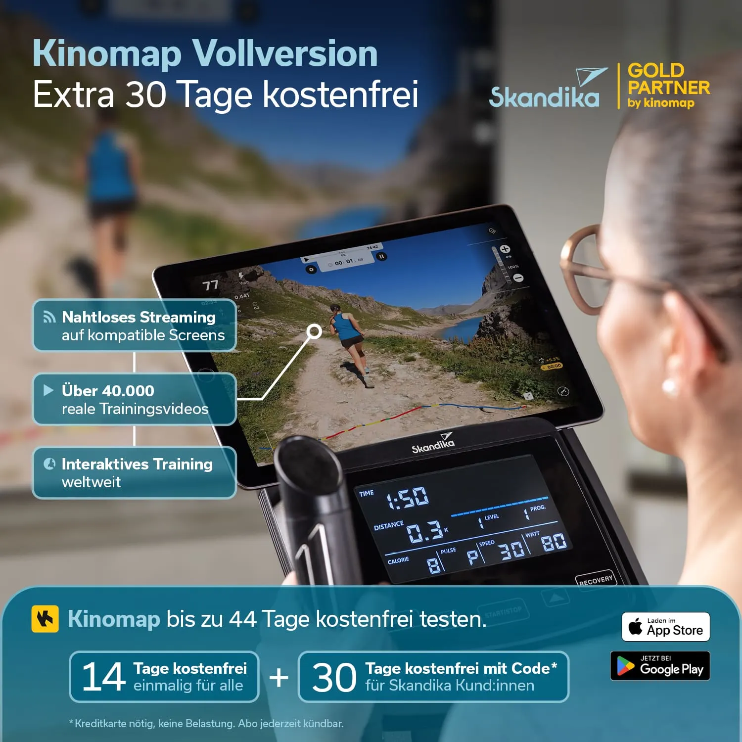Screenshot eines Fitnessgeräts mit einem Display, das ein Trainingsvideo zeigt. Textinformationen zu Kinomap und Skandika sind eingeblendet.