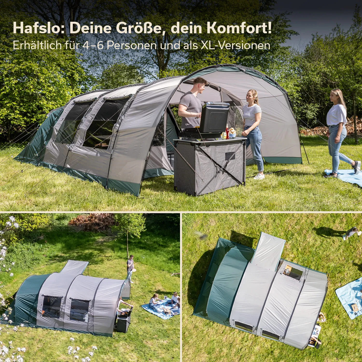 Zelt auf einer Wiese, umgeben von Bäumen. Zwei Personen stehen am Grill, eine weitere Person ist in der Nähe auf einer Decke.