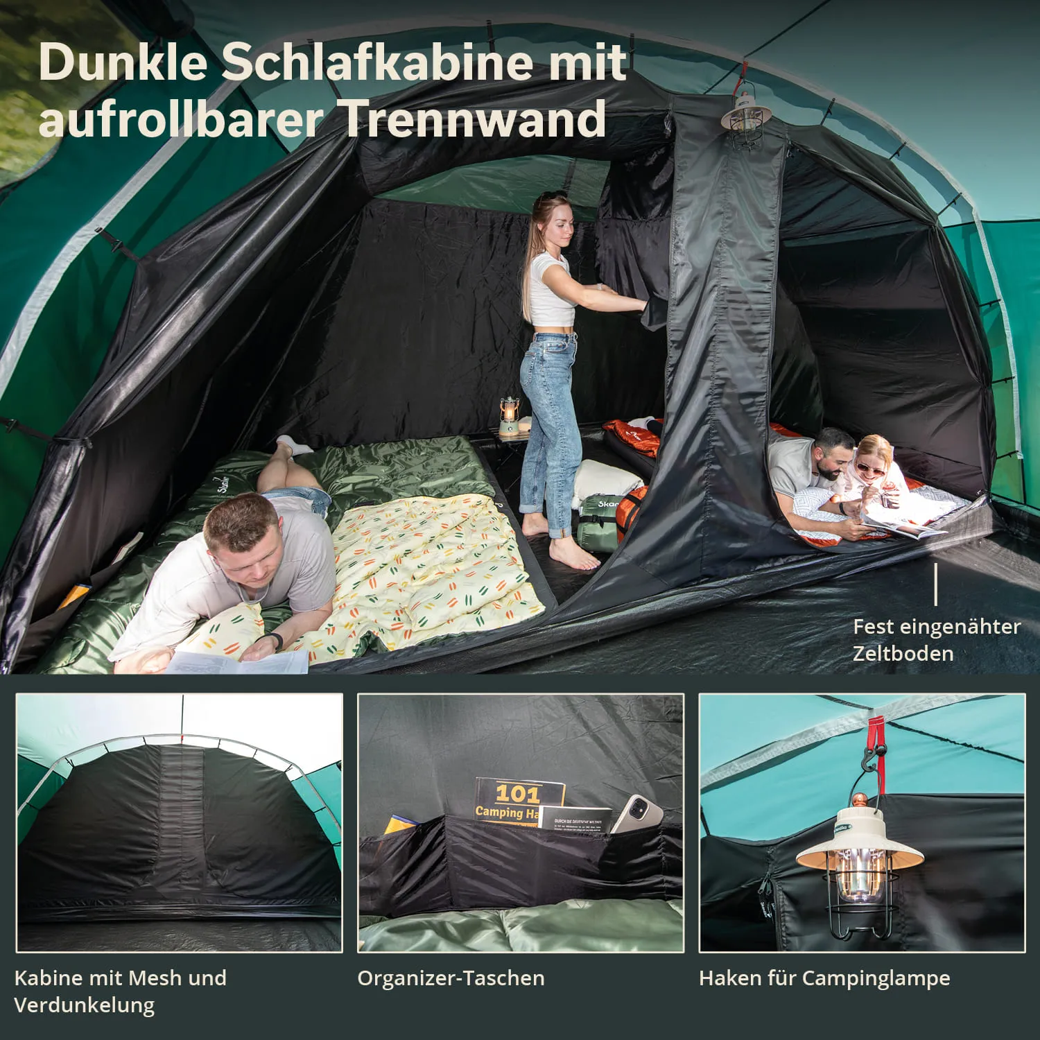 Dunkle Schlafkabine im Zelt mit aufrollbarer Trennwand. Eine Person sitzt und eine andere liest im Liegen. Organizer-Taschen und Lampenaufhängung sichtbar.