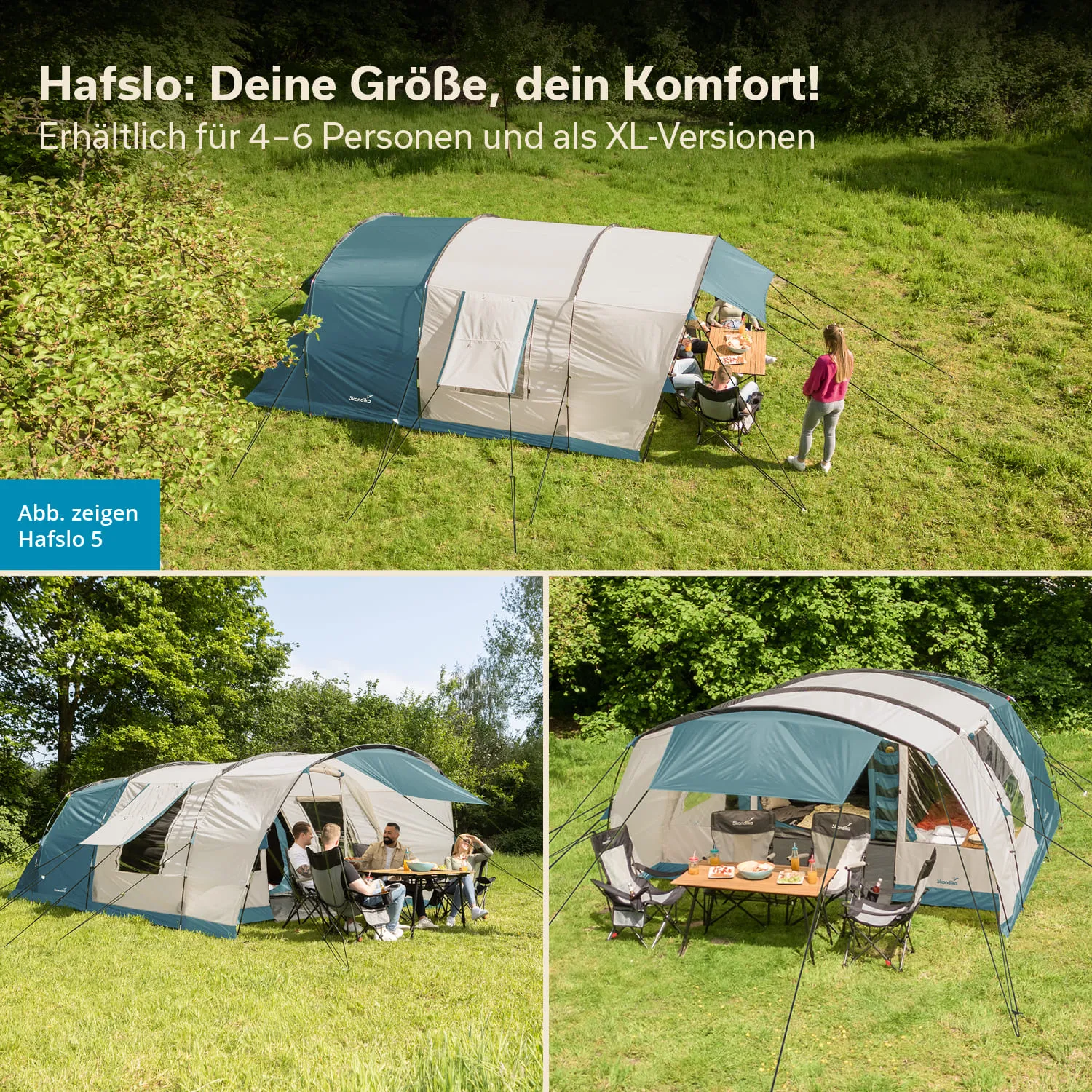 Zelt auf einer Wiese, umgeben von Bäumen. Tische und Stühle vor dem Zelt, Personen sitzen und stehen.