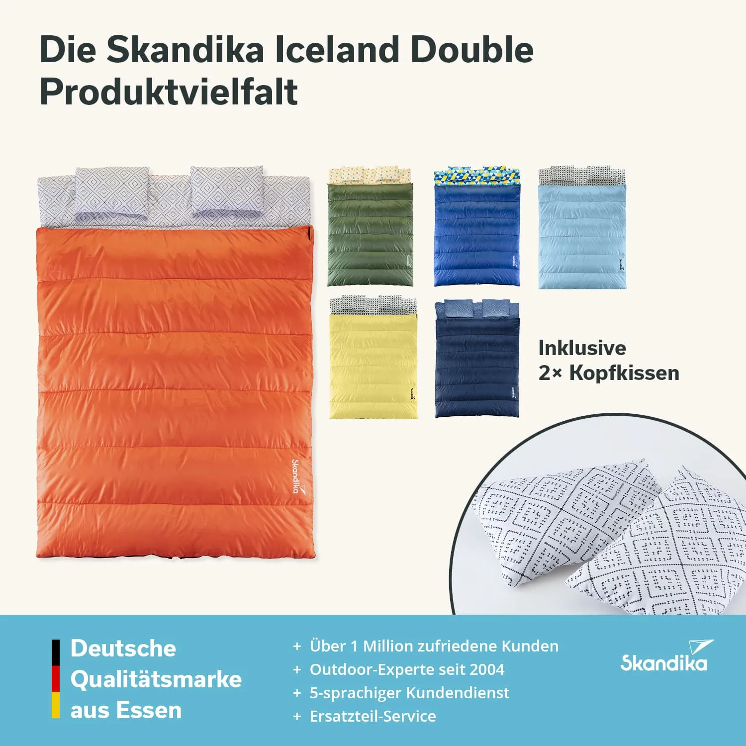Zwei Personen-Schlafsäcke in verschiedenen Farben, orange und grün, sowie zwei Kopfkissen mit grafischem Muster.