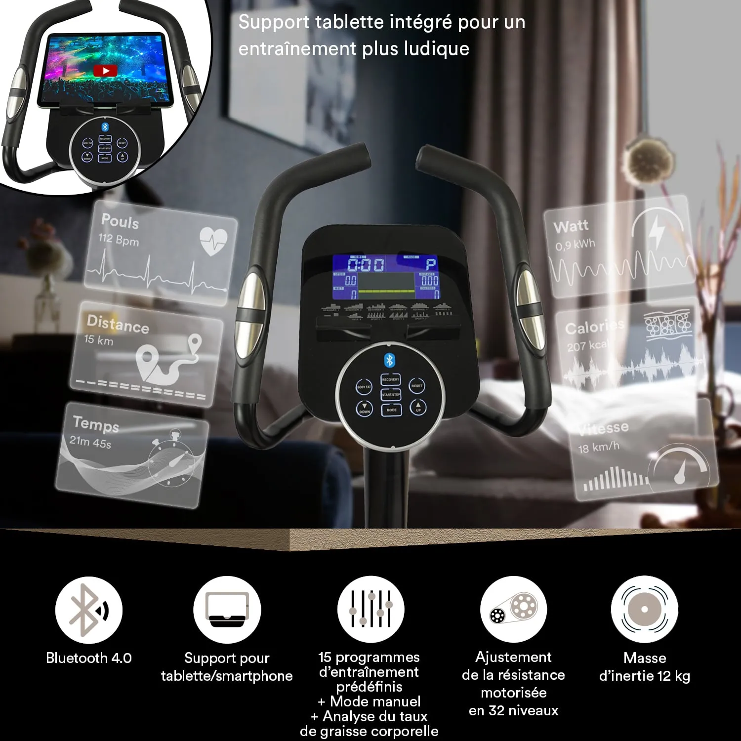 Kombinierter Fitness-Bildschirm mit Bluetooth-Anzeige, Puls, Distanz und Kalorien. In einem Wohnraum platziert.