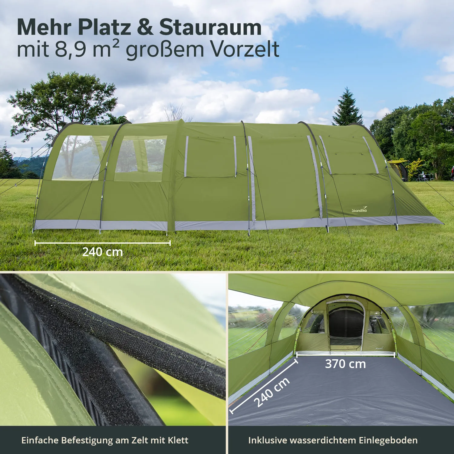 Zelt in grüner Farbe mit Vorzelt, Maßangaben und Details zu Befestigung und wasserdichtem Boden. Hintergrund zeigt Wiesen und Bäume.