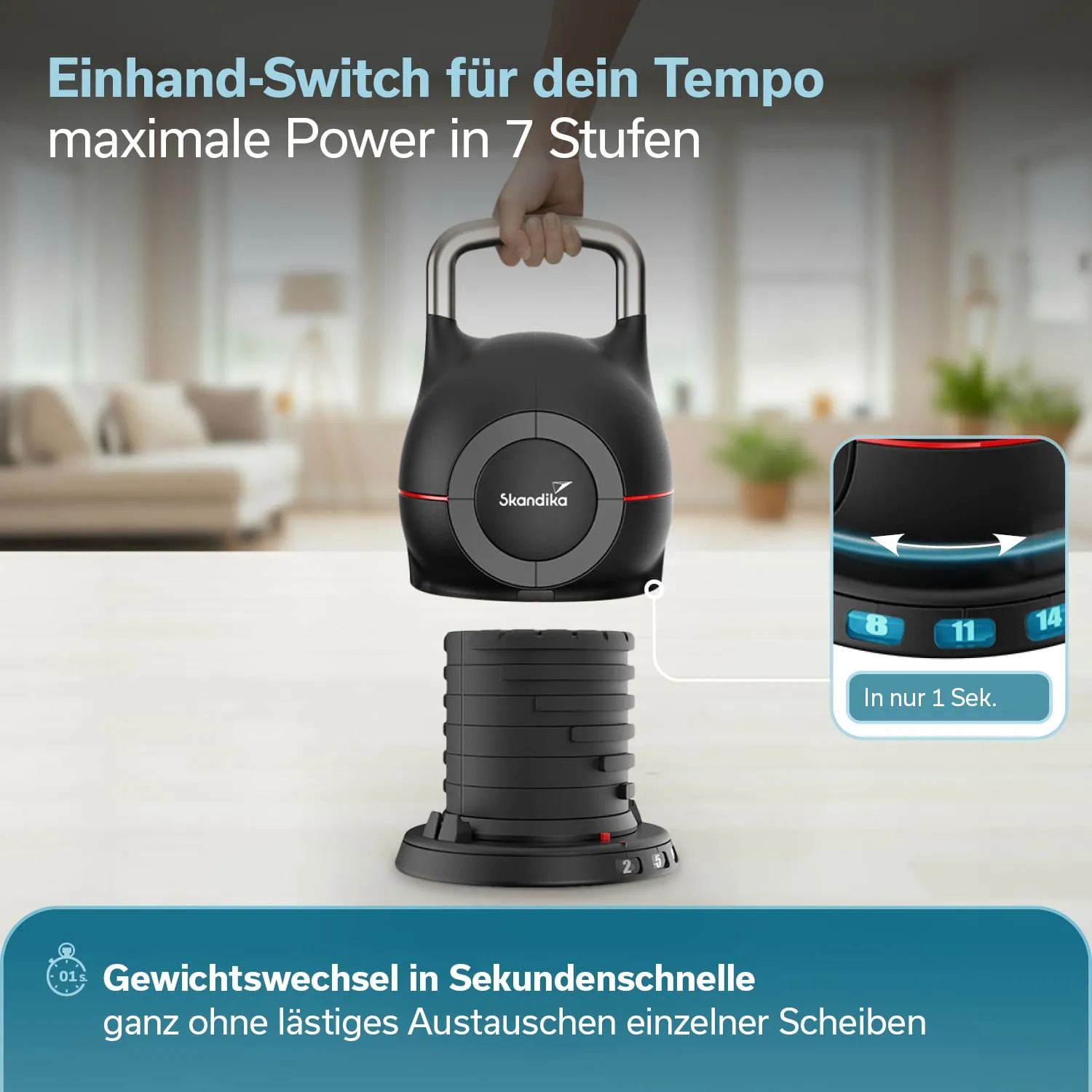 Kettlebell mit einem abnehmbaren Gewichtssystem auf einem Tisch, daneben Bedienpanel mit Zahlen. Hintergrund in einem Raum.