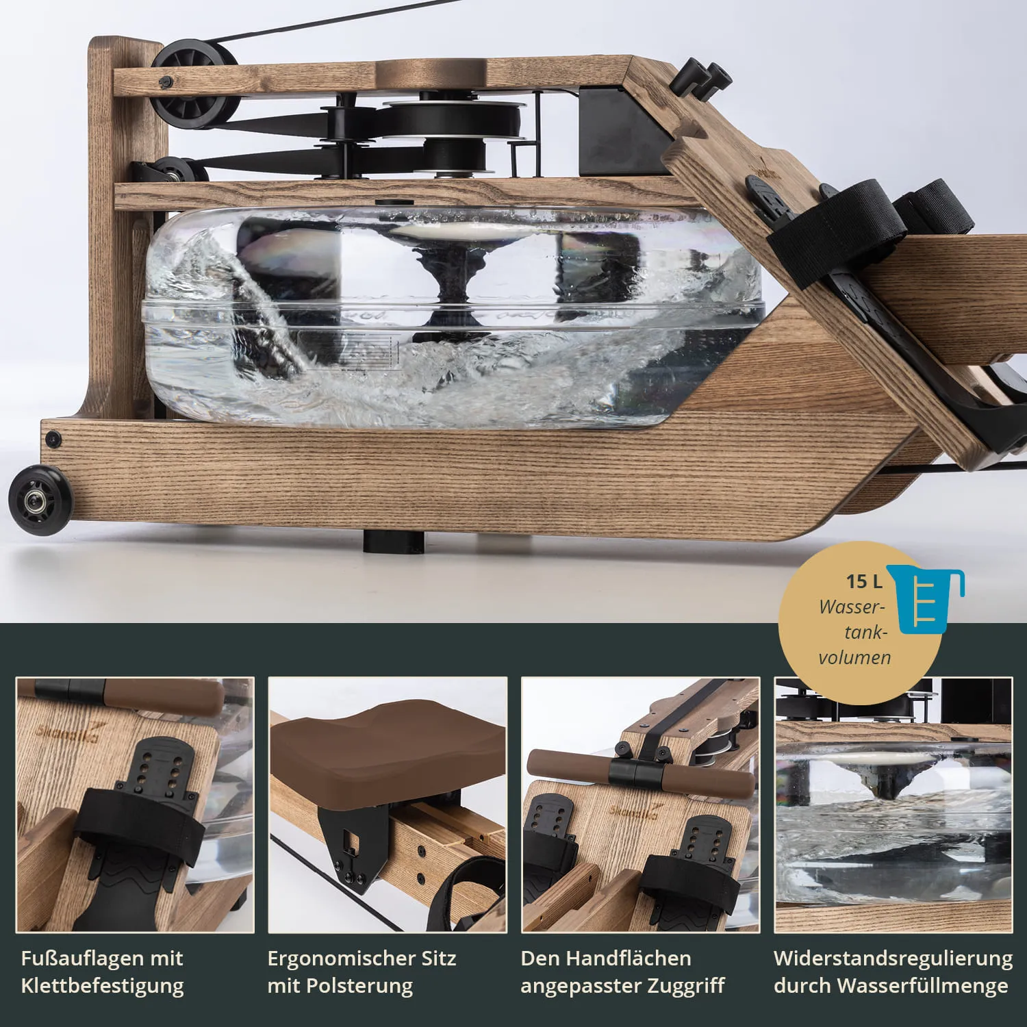 Wassertank-Rudergerät mit Holzrahmen, Sichtfenster für Wasser, verstellbare Fußauflagen und gepolsterter Sitz.