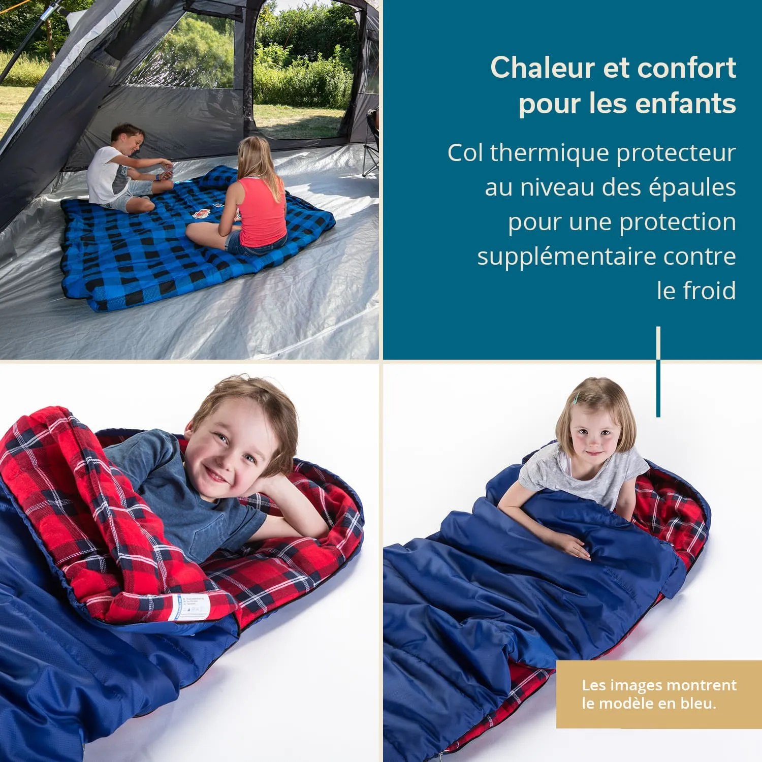 Zwei Kinder sitzen auf einer blauen Decke im Zelt und spielen Karten. Unten liegen zwei Kinder in Schlafsäcken.