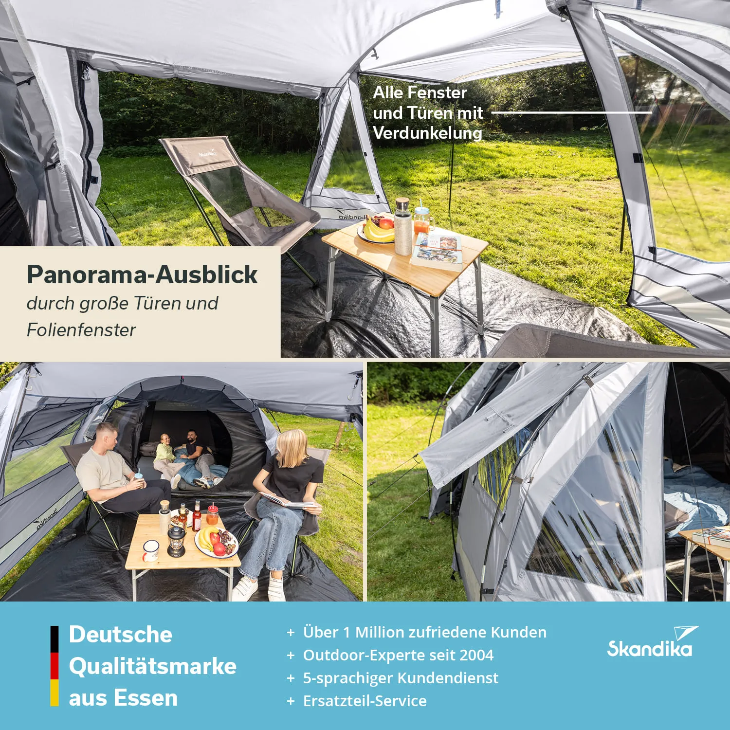 Ein Zelt mit großen Fenstern und Türen, zwei Stühlen, einem kleinen Tisch mit Snacks und Getränken sowie grüner Wiese im Hintergrund.