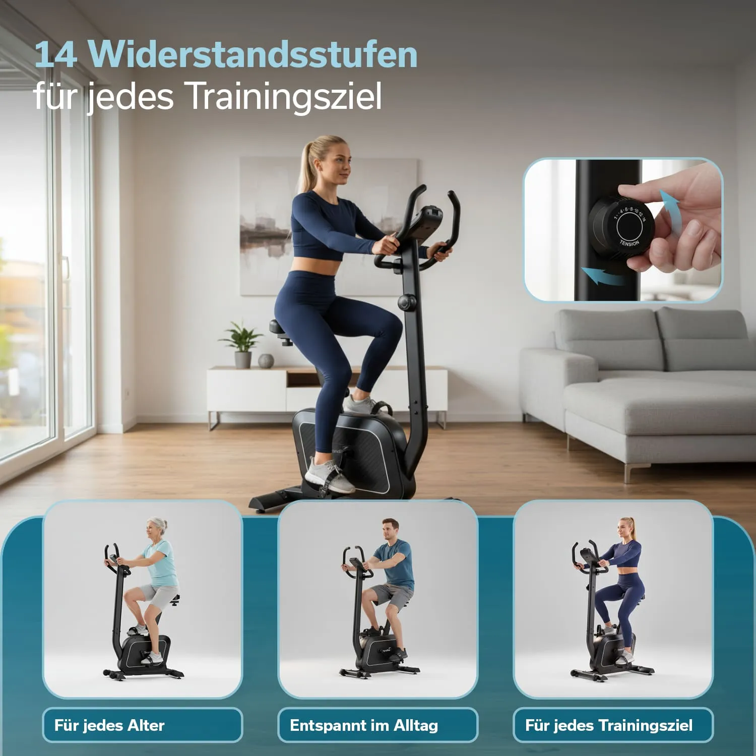Frau in Sportkleidung trainiert auf einem Heimtrainer in einem modernen Raum mit Fenster und Möbeln. Untere Bilder zeigen weitere Personen auf ähnlichen Geräten.