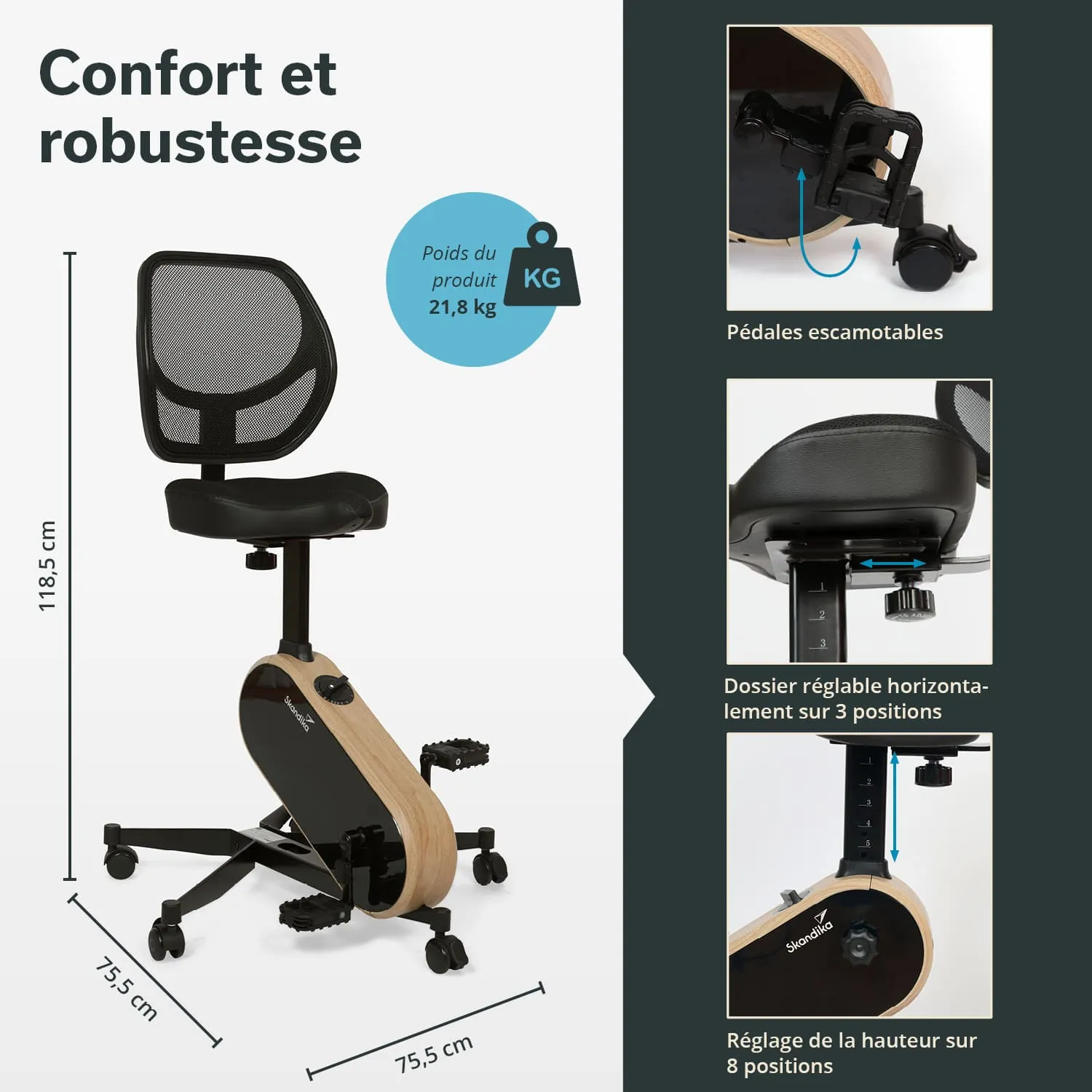 Bürostuhl mit verstellbarem Netzrücken, Sitzfläche und Pedalen. Abmessungen: Höhe 118,5 cm, Breite und Tiefe 75,5 cm. Gewicht: 21,8 kg.