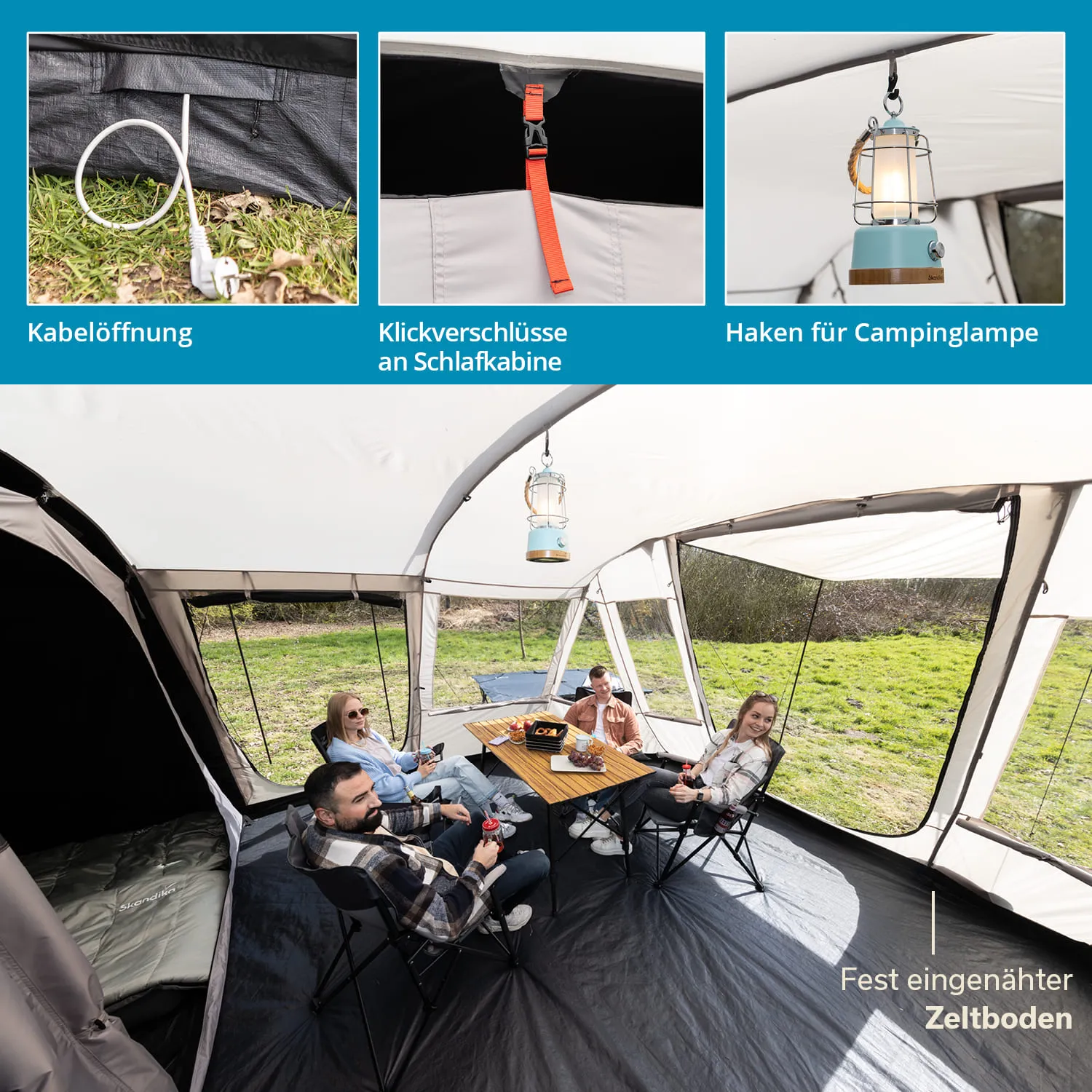 Zelt mit festem Boden, innen sitzende Personen um einen Tisch, darin Campinglampe, Kabellöffnung und Schlafkabine sichtbar.