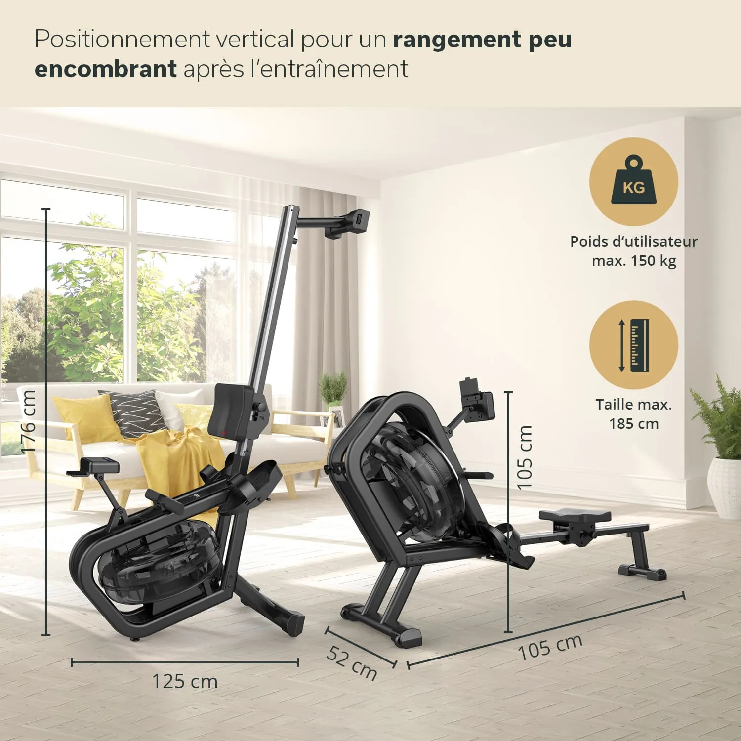 Heimtrainingsgerät in einem hellen Raum, mit Maßangaben: Höhe 176 cm, Breite 125 cm, Tiefe 52 cm. Sofa im Hintergrund.