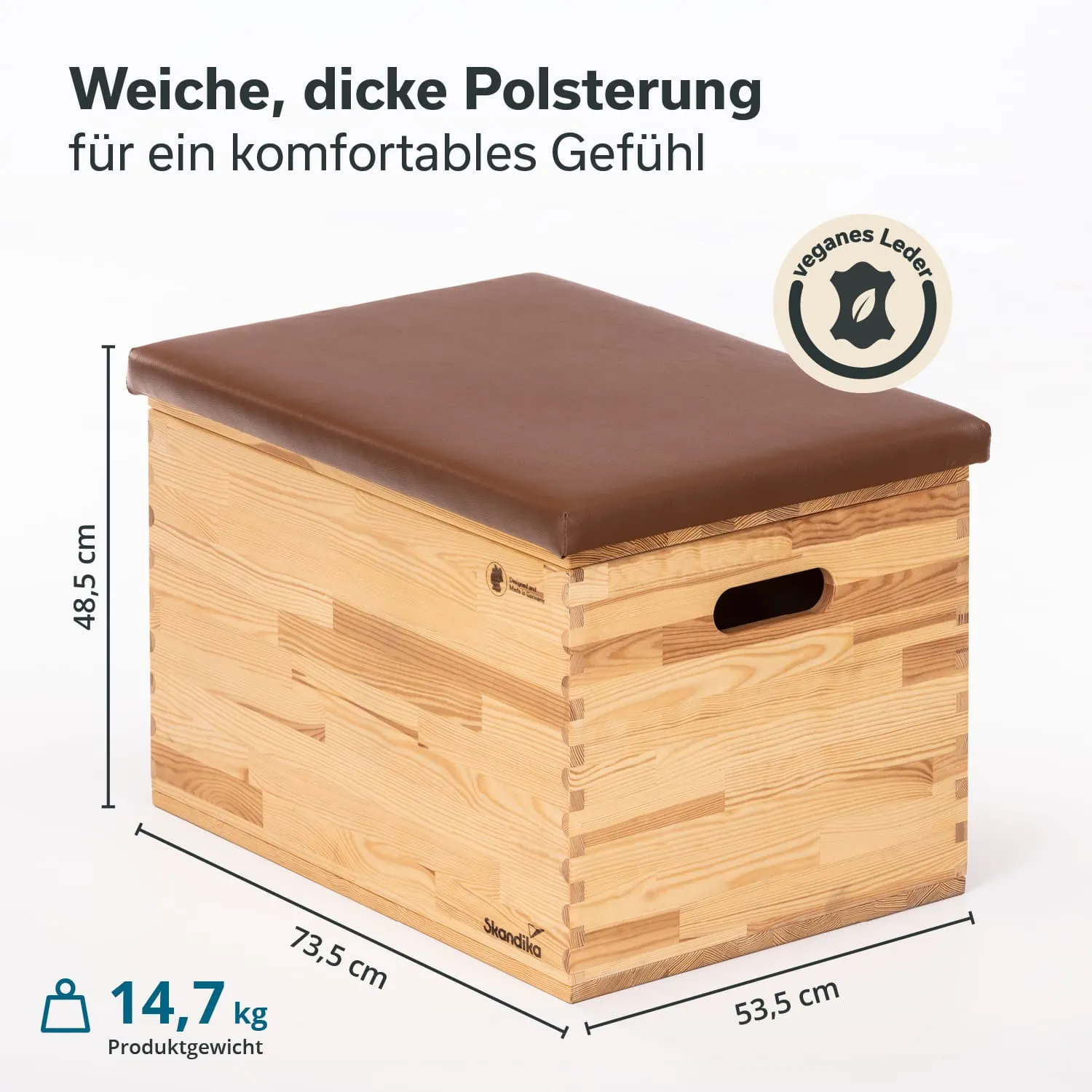 Holzkiste mit braunem, gepolstertem Deckel. Abmessungen: 73,5 cm x 53,5 cm x 48,5 cm, Gewicht 14,7 kg.