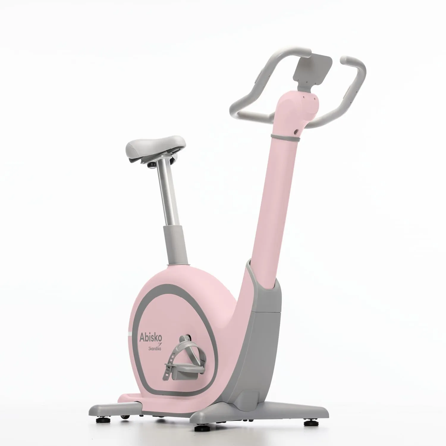 Stationäres Fahrrad in Pink und Grau mit einem gepolsterten Sattel und einem ergonomischen Lenker.