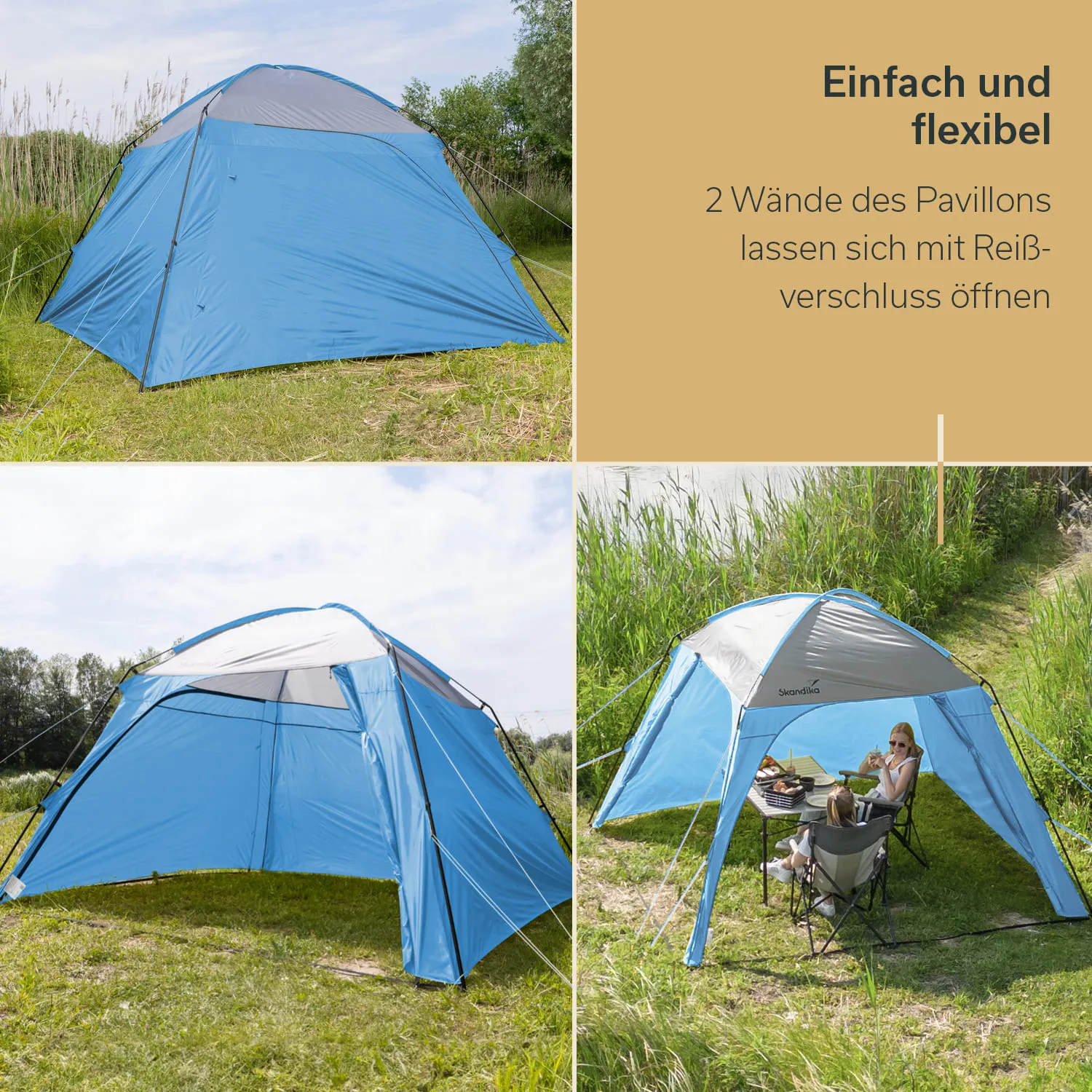 Blaues Pavillonzelt auf einer Wiese, umgeben von Pflanzen. Zwei Ansichten des Zeltes und eine Darstellung von Personen, die essen.