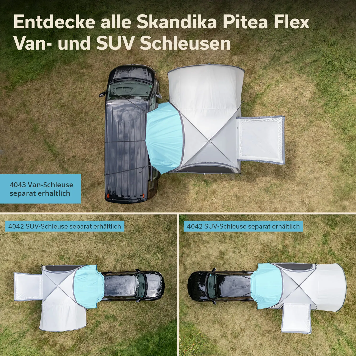 Drei Ansichten von Schleusen für Vans und SUVs, die mit einem Fahrzeug verbunden sind. Grün mit Grasboden.