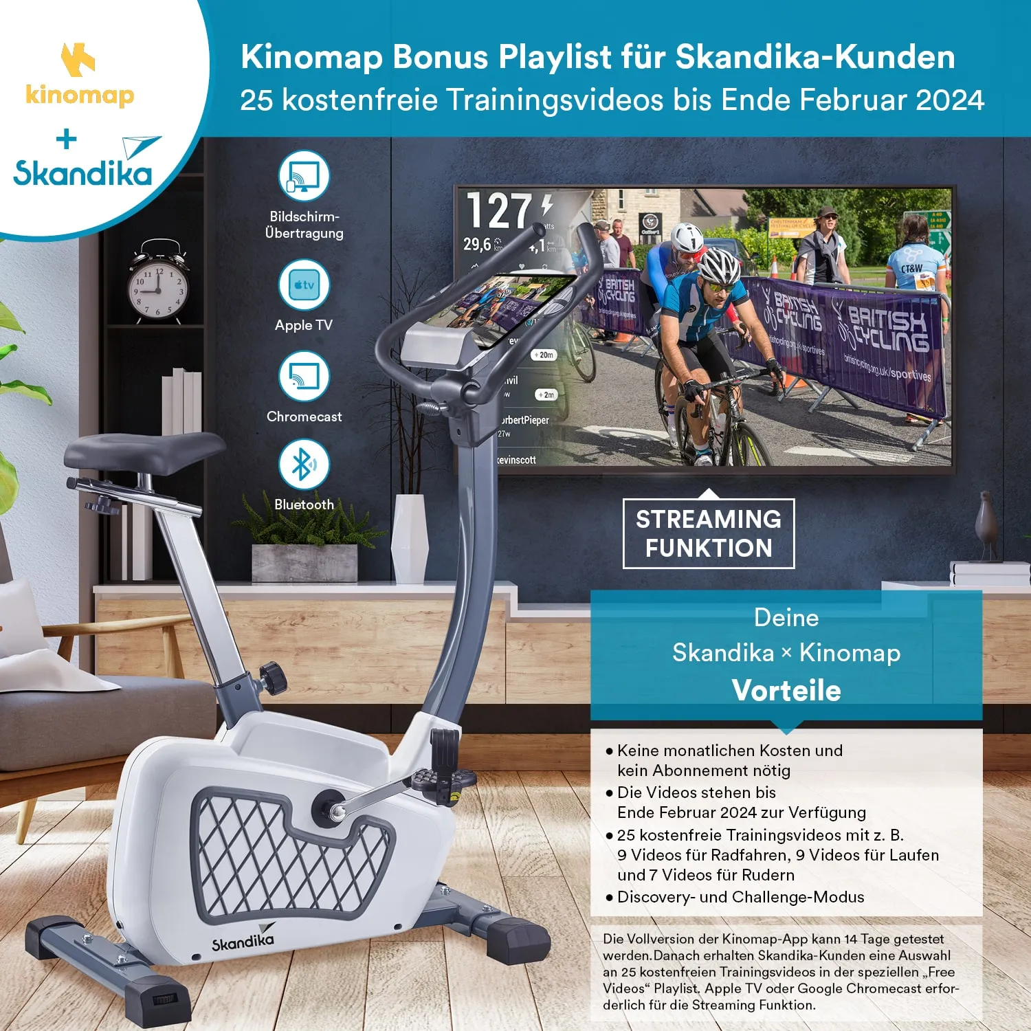 Trainingsgerät von Skandika im Vordergrund, TV im Hintergrund zeigt Radfahrer, Werbung für Kinomap mit Informationen zu kostenlosen Trainingsvideos.