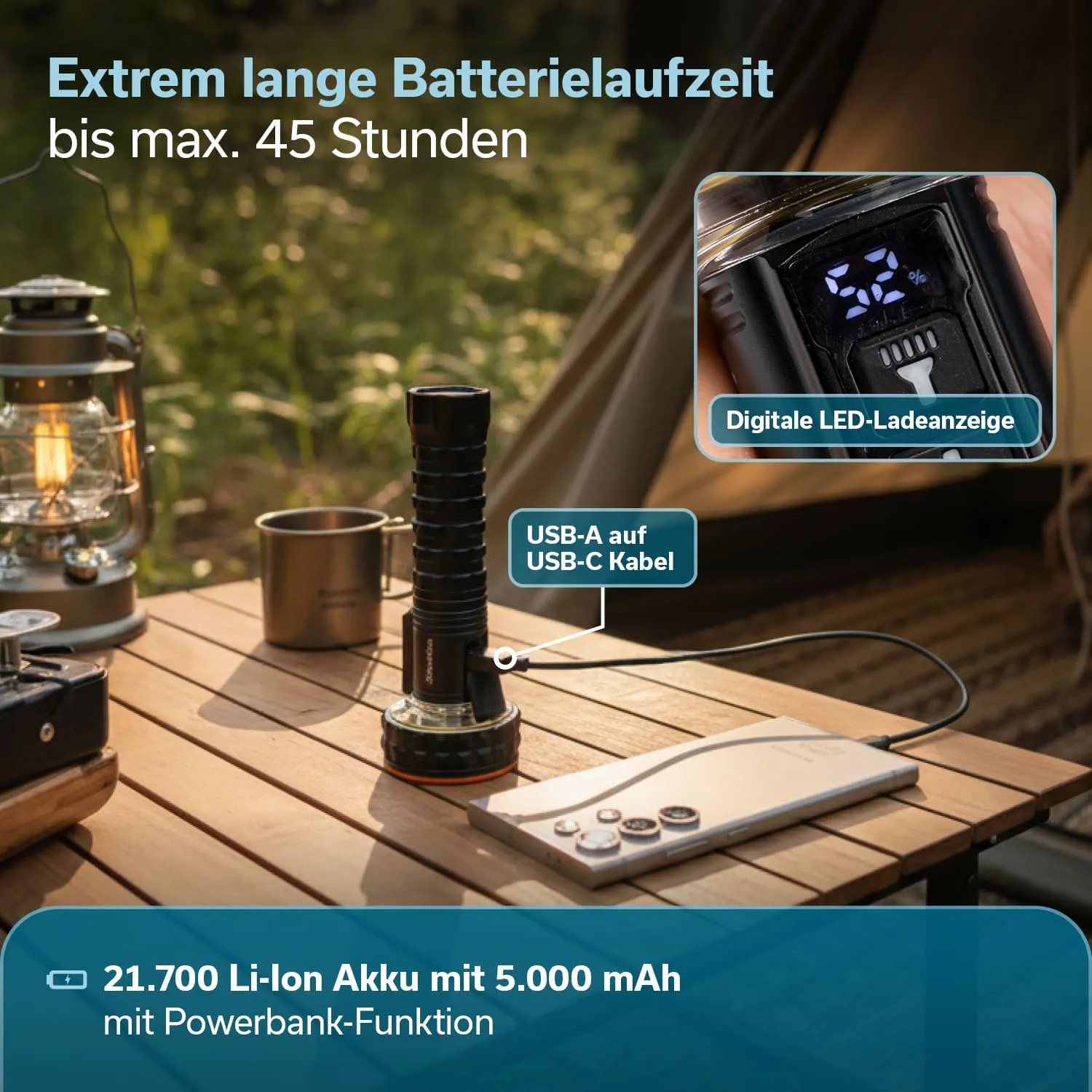 Tisch im Freien mit einer Taschenlampe und einer Powerbank. Im Hintergrund sind eine Laterne und eine Tasse sichtbar.