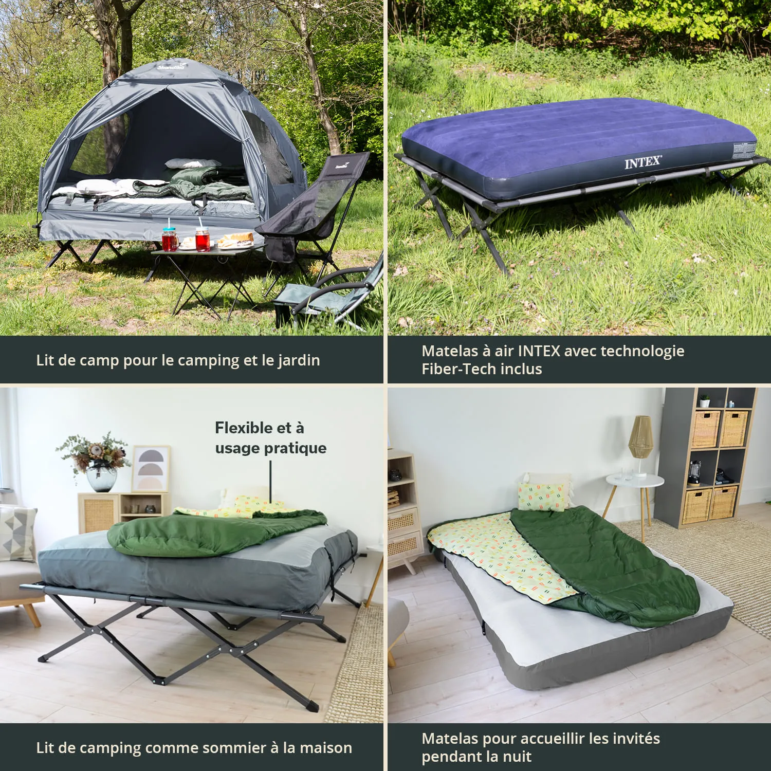 Vier Bilder zeigen verschiedene Schlafmöglichkeiten: 1. Oben links: Ein Campingschlafbett in einem Zelt mit Stühlen und Snacks.2. Oben rechts: Eine Luftmatratze auf einer Wiese.3.