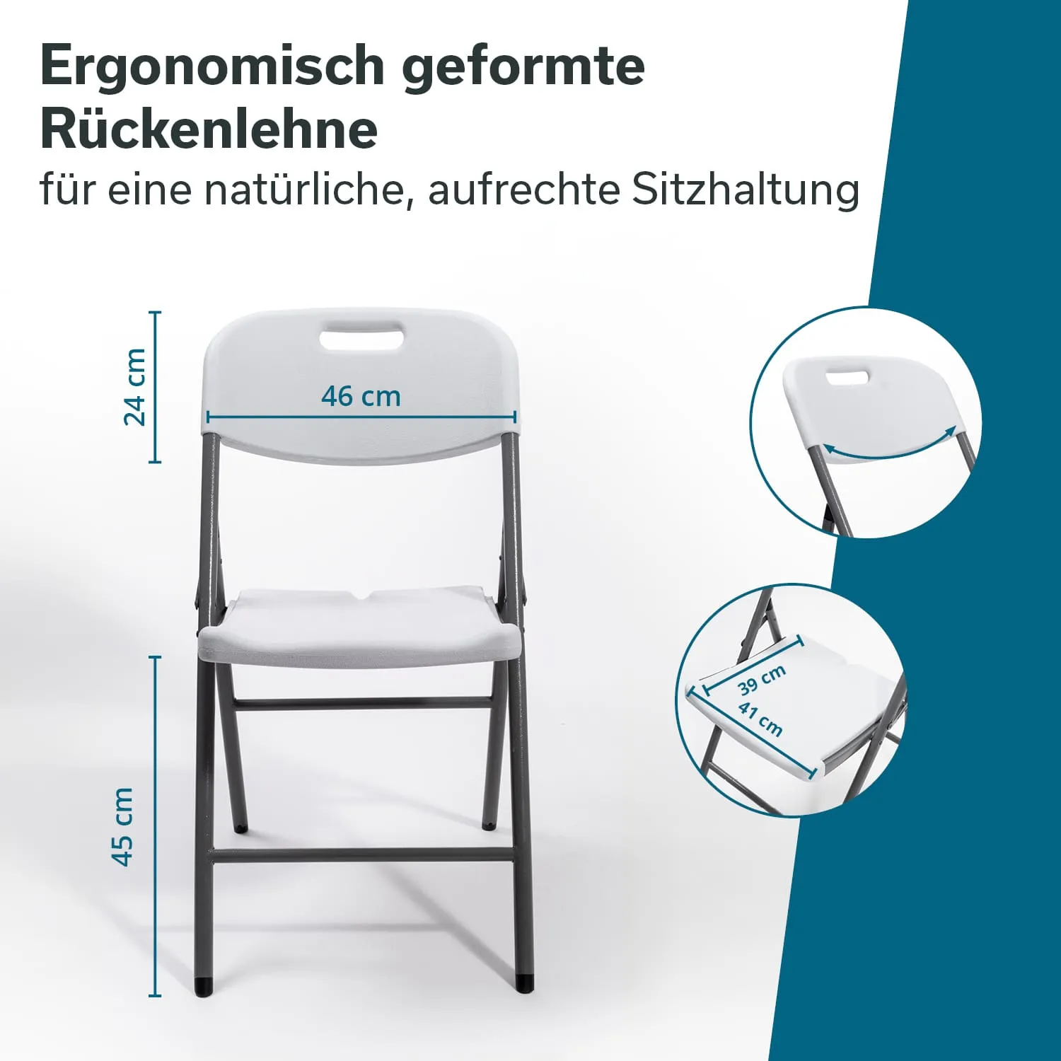 Klappstuhl mit ergonomisch geformter Rückenlehne und Maßen für Sitzfläche und Rückenlehne. Hintergrund in zwei Farben.