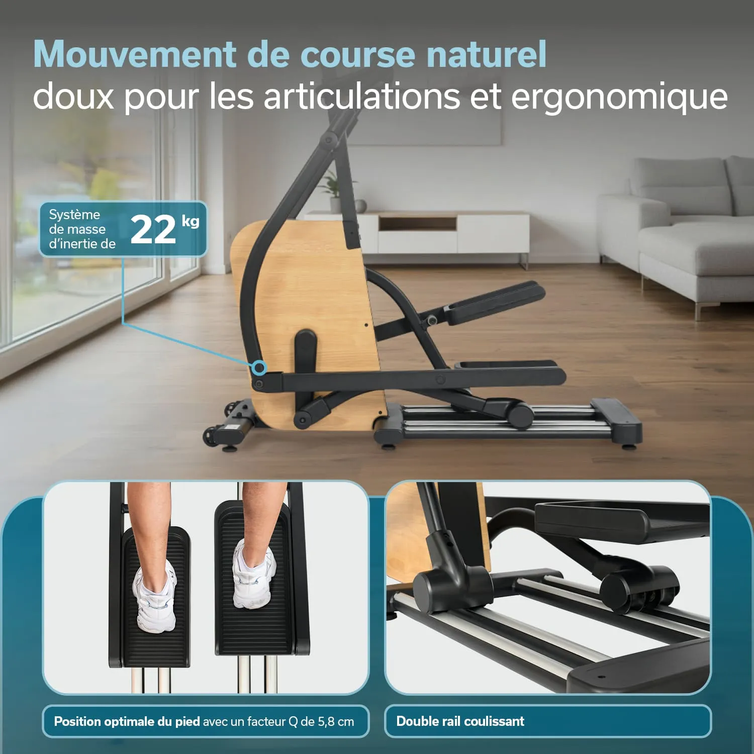 Ergometer mit Holz-Elementen und zwei Fußplatten. Erklärung des Bewegungsmechanismus und der optimalen Fußposition.
